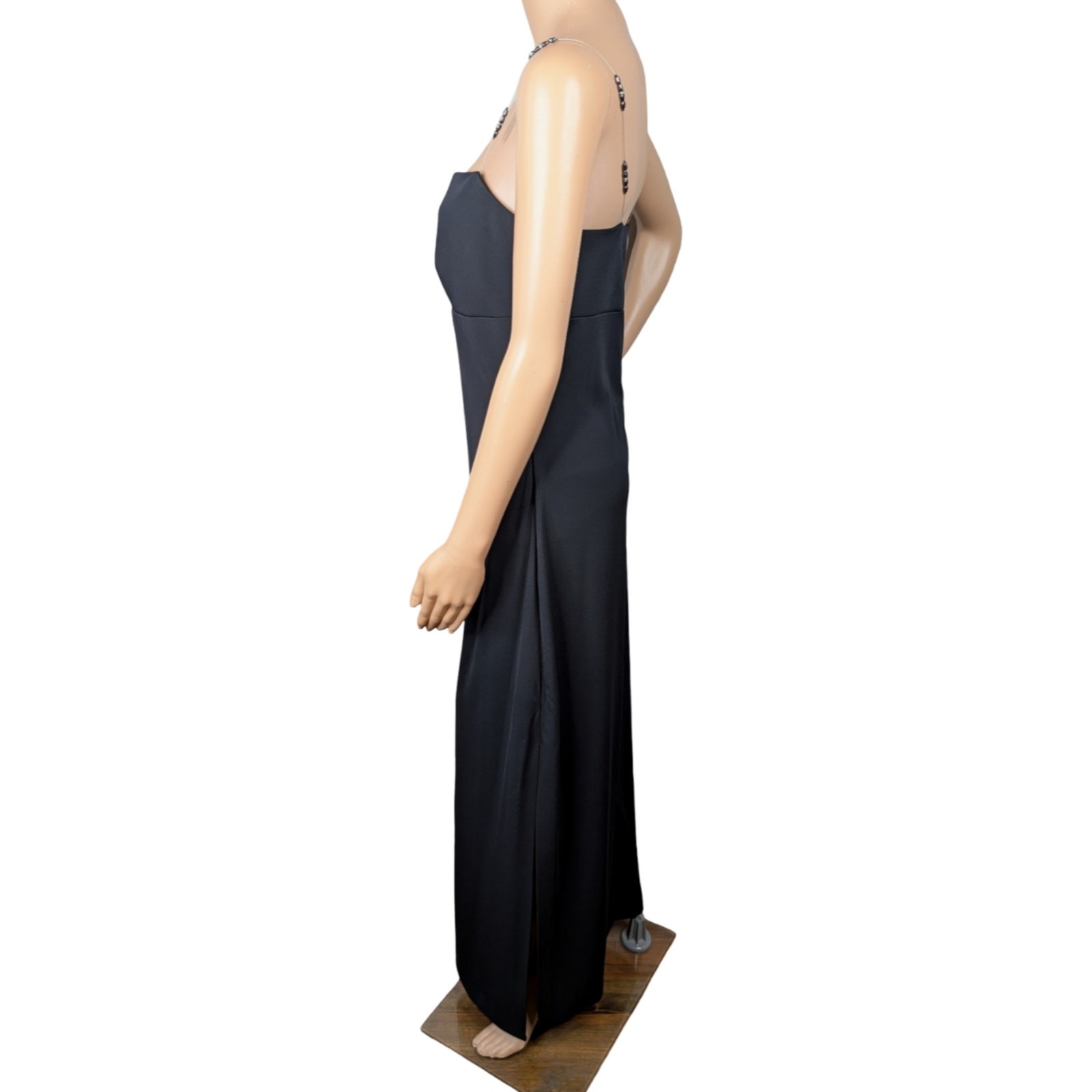 Vintage 90s Allen B Evening Black Column Gown 8 Beaded Wire Strap Slit Prom Gala