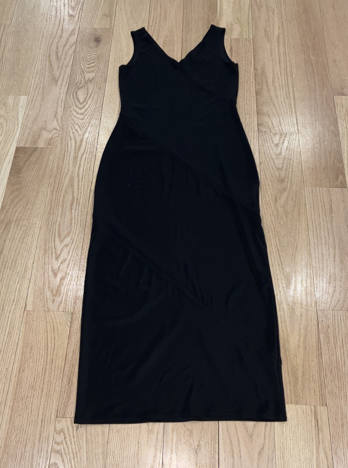 Vtg EXPRESS Tricot 7/8 Maxi Dress 90s Y2K Minimalist V-Neck Tank Black Stretch
