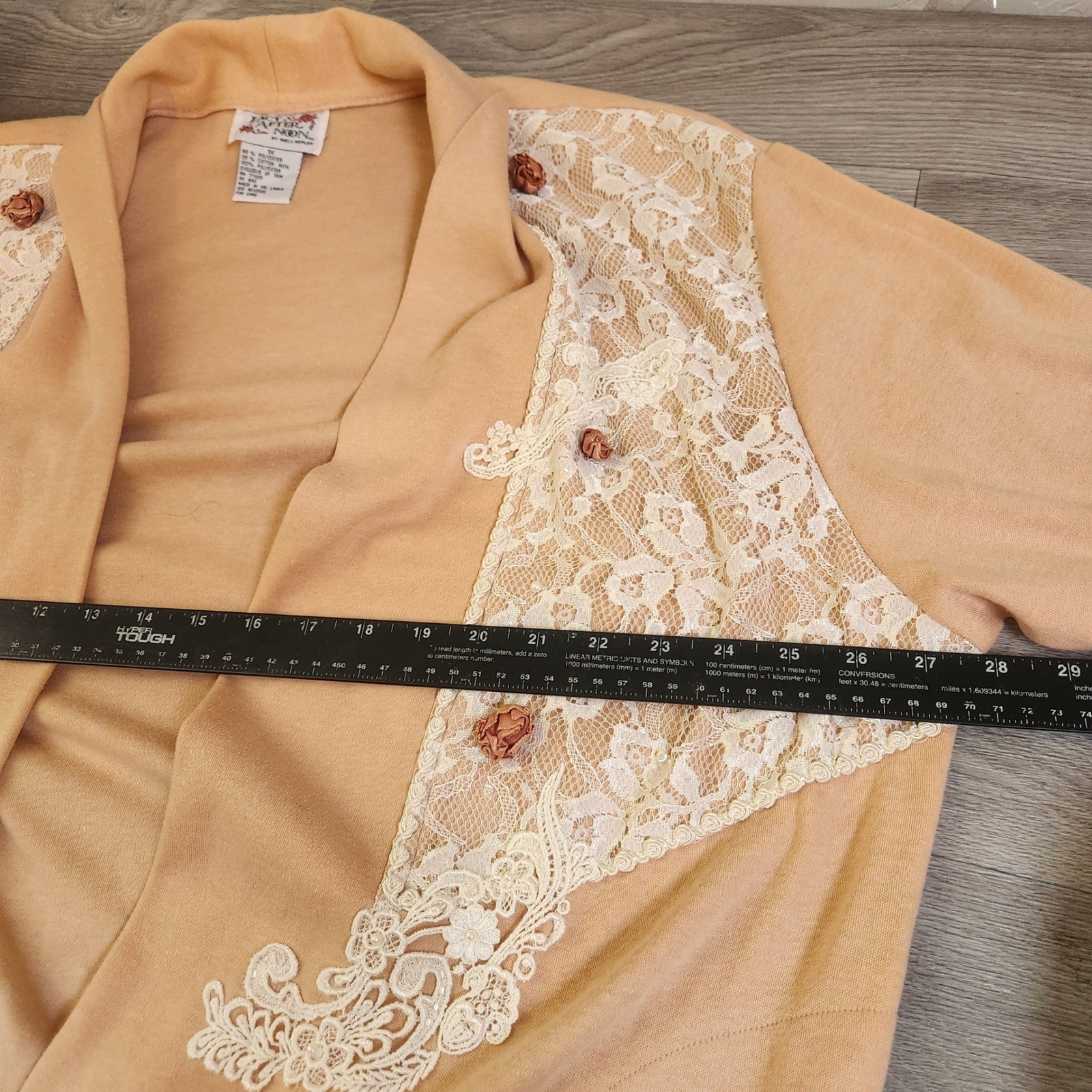 Vintage Lacy Afternoon Shell Kepler Lace Rosette Cardigan Peach Plus Size 1X