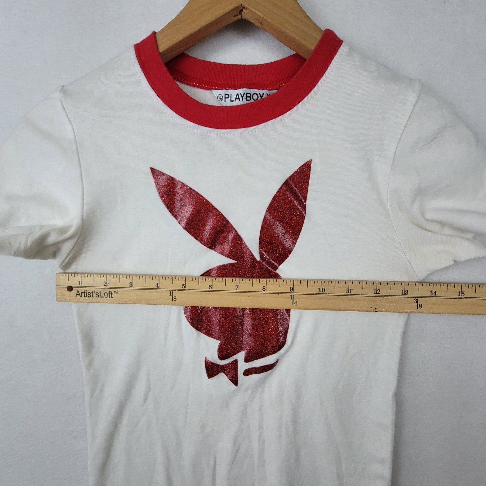 Vintage Playboy Women White Red Ringer T-Shirt Glitter Bunny Logo 25-347 Small
