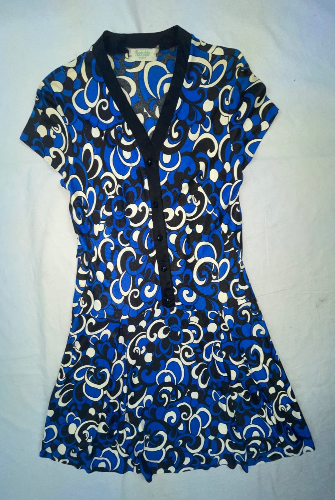 VTG 60s 70s WOMENS S BERKSHIRE BLUE GEOMETRIC DISCO RETRO BUTTON PARTY DRESS
