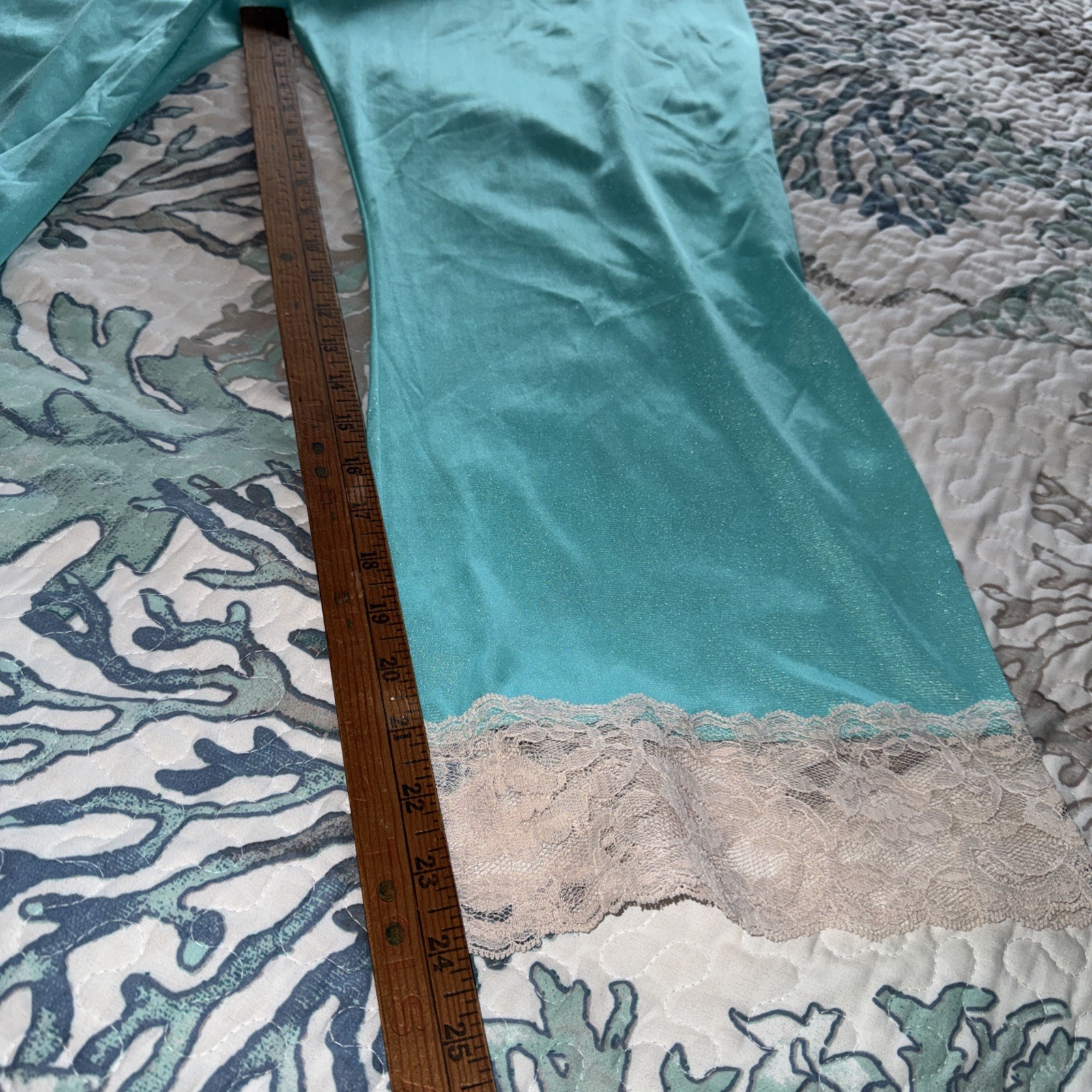 ERICA LOREN Vtg 1970s NYLON Pajama Set AQUA Blue Lace Trim SMALL Boho