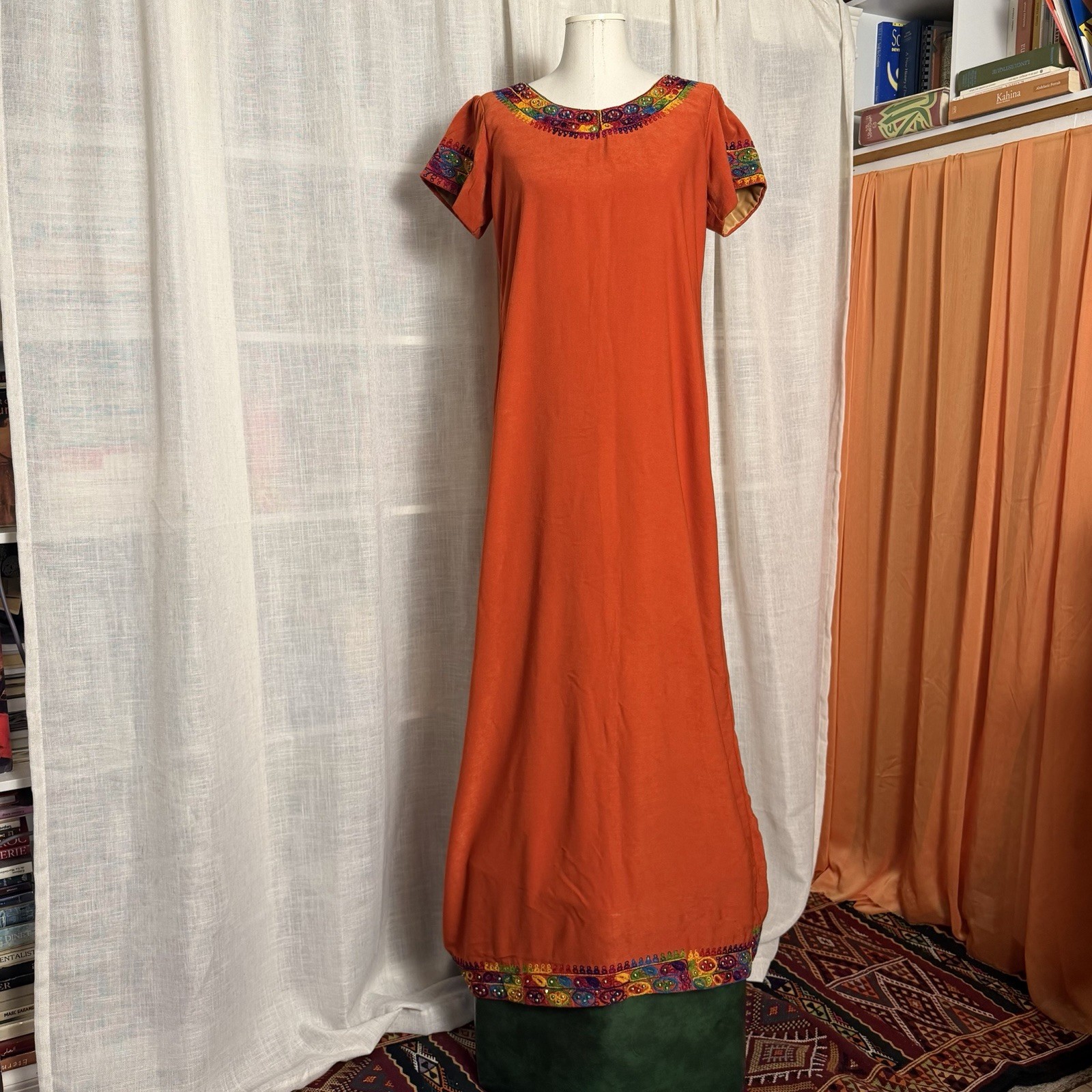 Vintage Pakistani House Dress with Embroidered Neck and Sleeves Orange