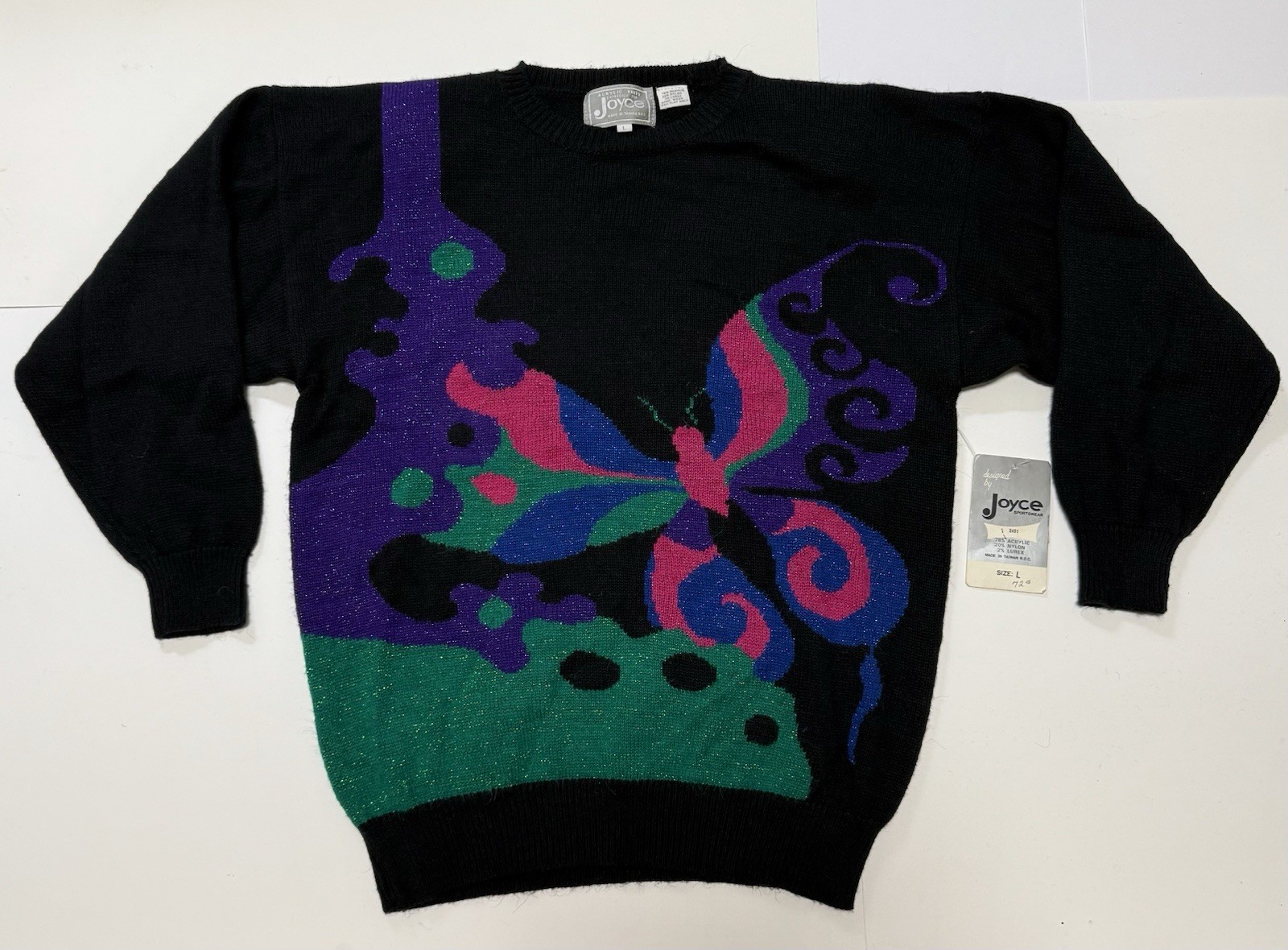 VTG 90s Butterfly Sweater Sz L Original Tag 80s Sparkle Joyce Acrylic Knits