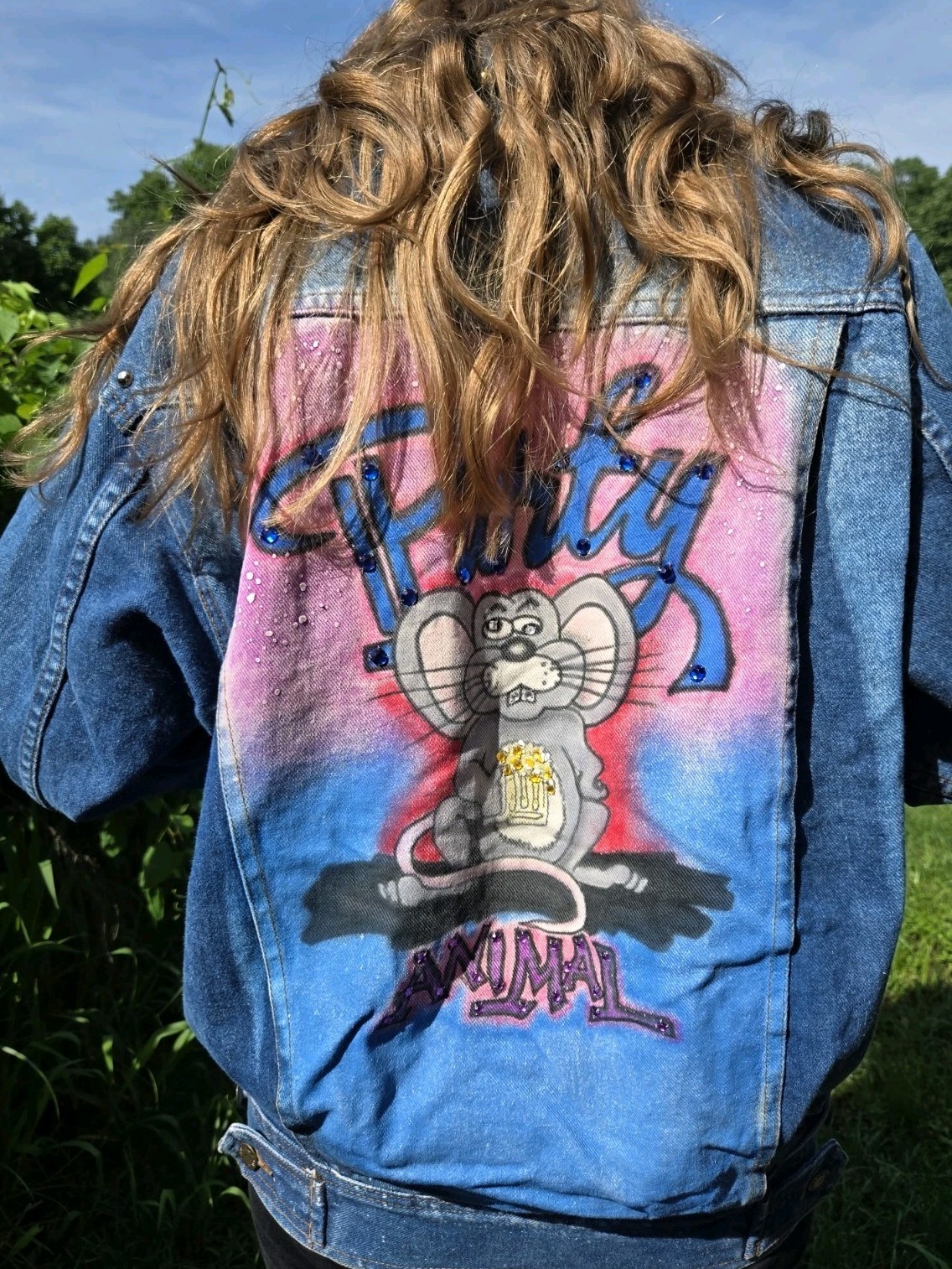 Vtg Denim Trucker Jacket Hand Painted PARTY ANIMAL Rat Studded ANZANI Sz S RARE!