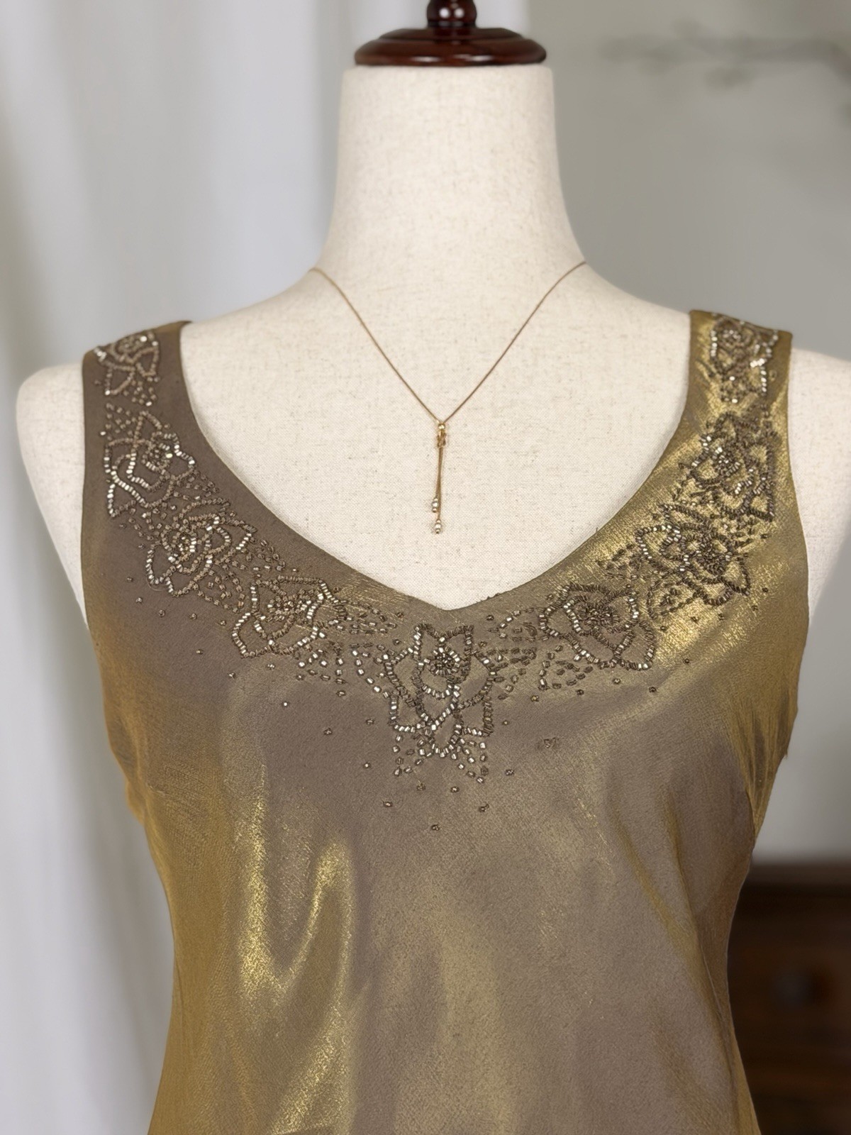 VTG 90s Alex Evenings Liquid Metallic Gold Slip Dress Gown Maxi Prom 4 Formal