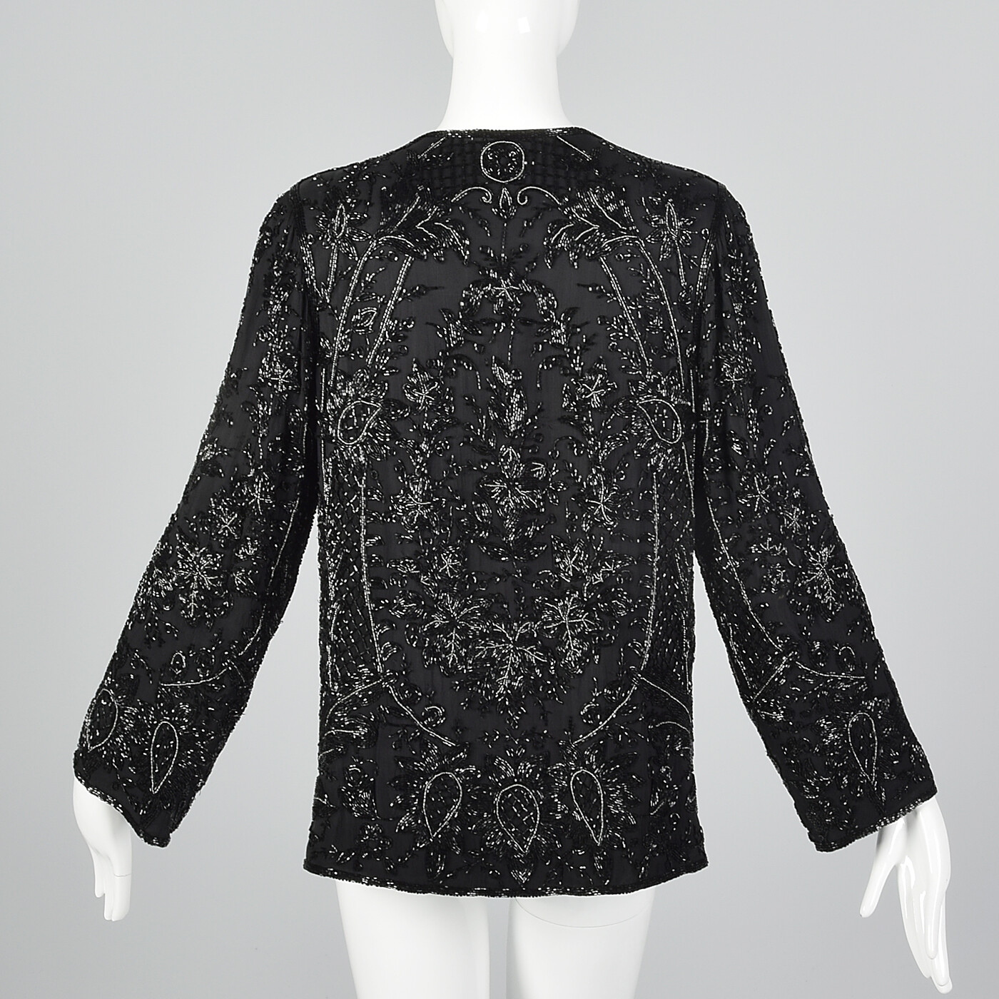 Medium Eavis & Brown Black Silk Beaded Jacket Silk Flowy Separates 1980s VTG