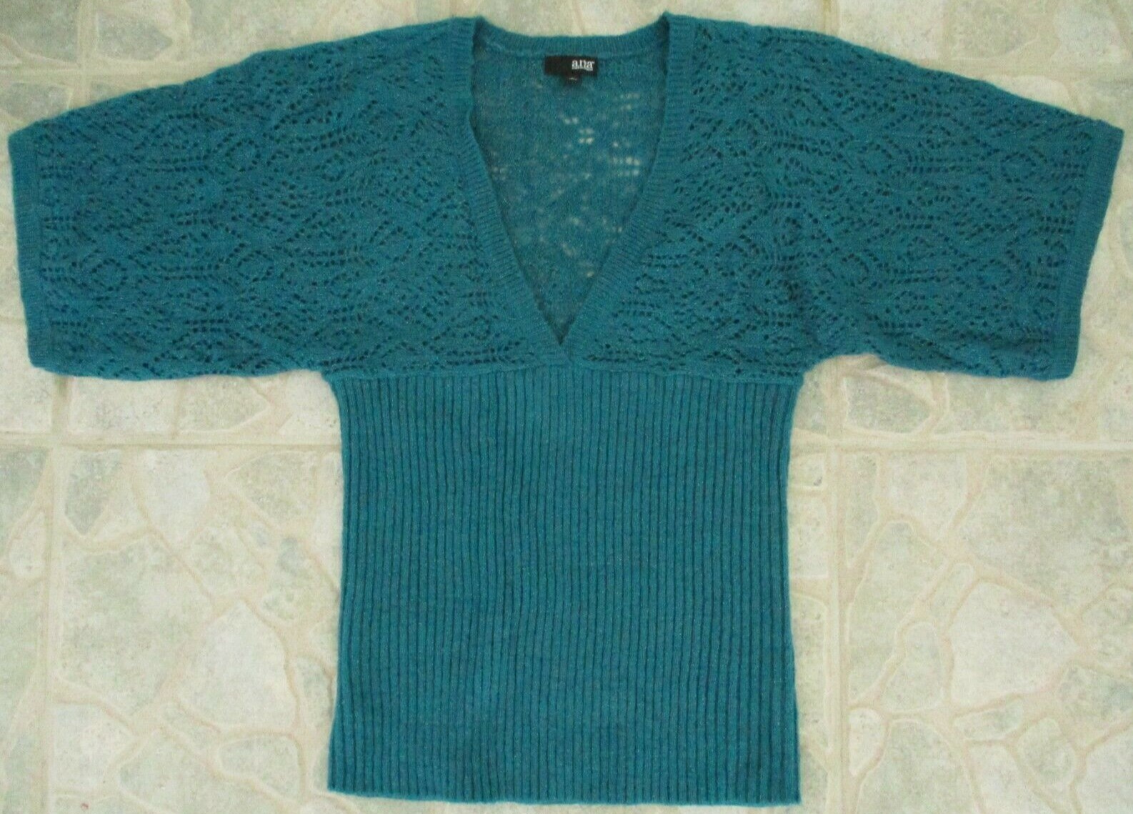 Vintage 1980&rsquo;s A.N.A open Lace Knit Sweater Women Teal Size L 3/4 Kimono Sleeve