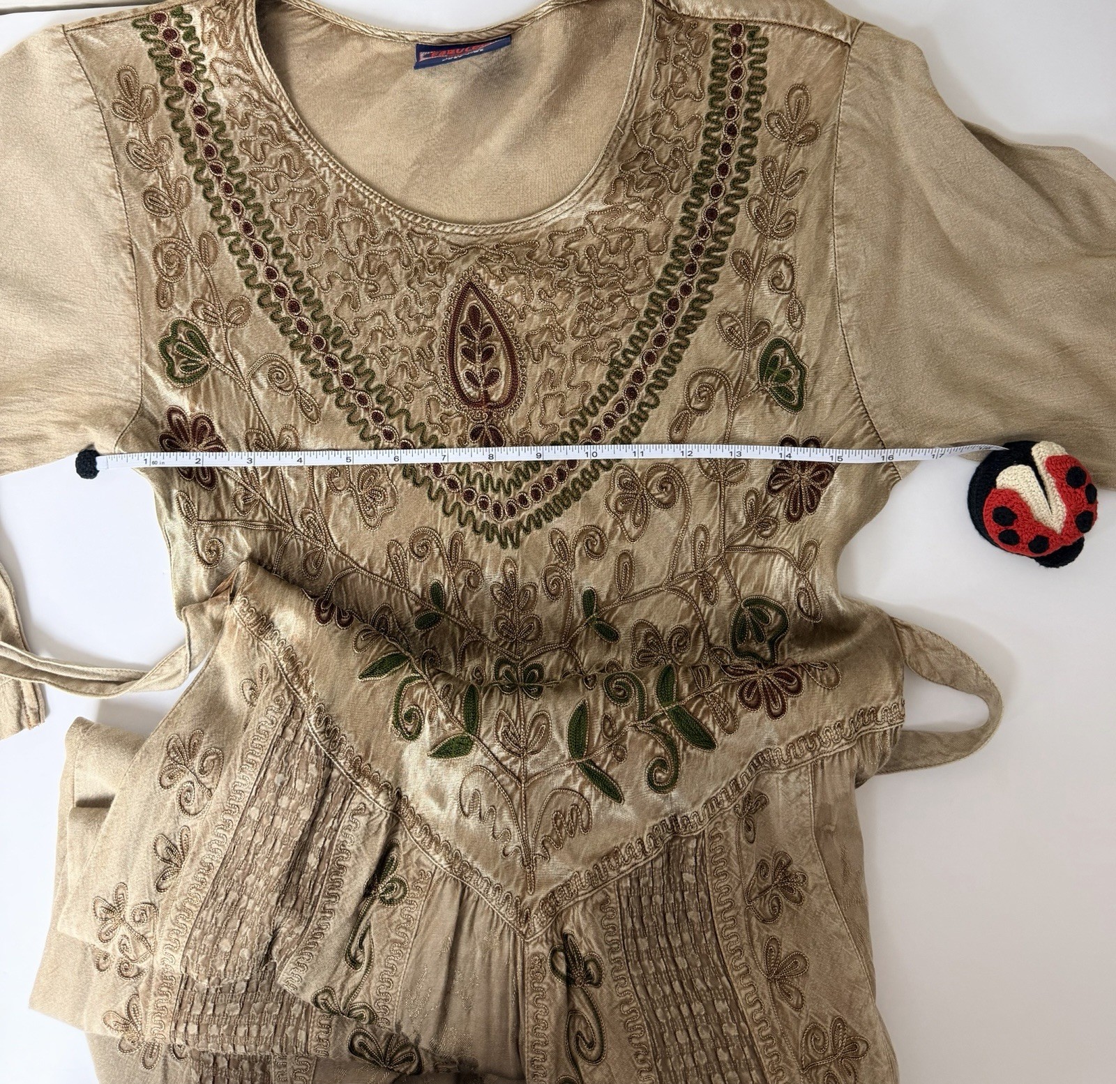 Vintage Indian Embroidered Rayon Maxi Dress Boho Cottagecore Belted Free Size