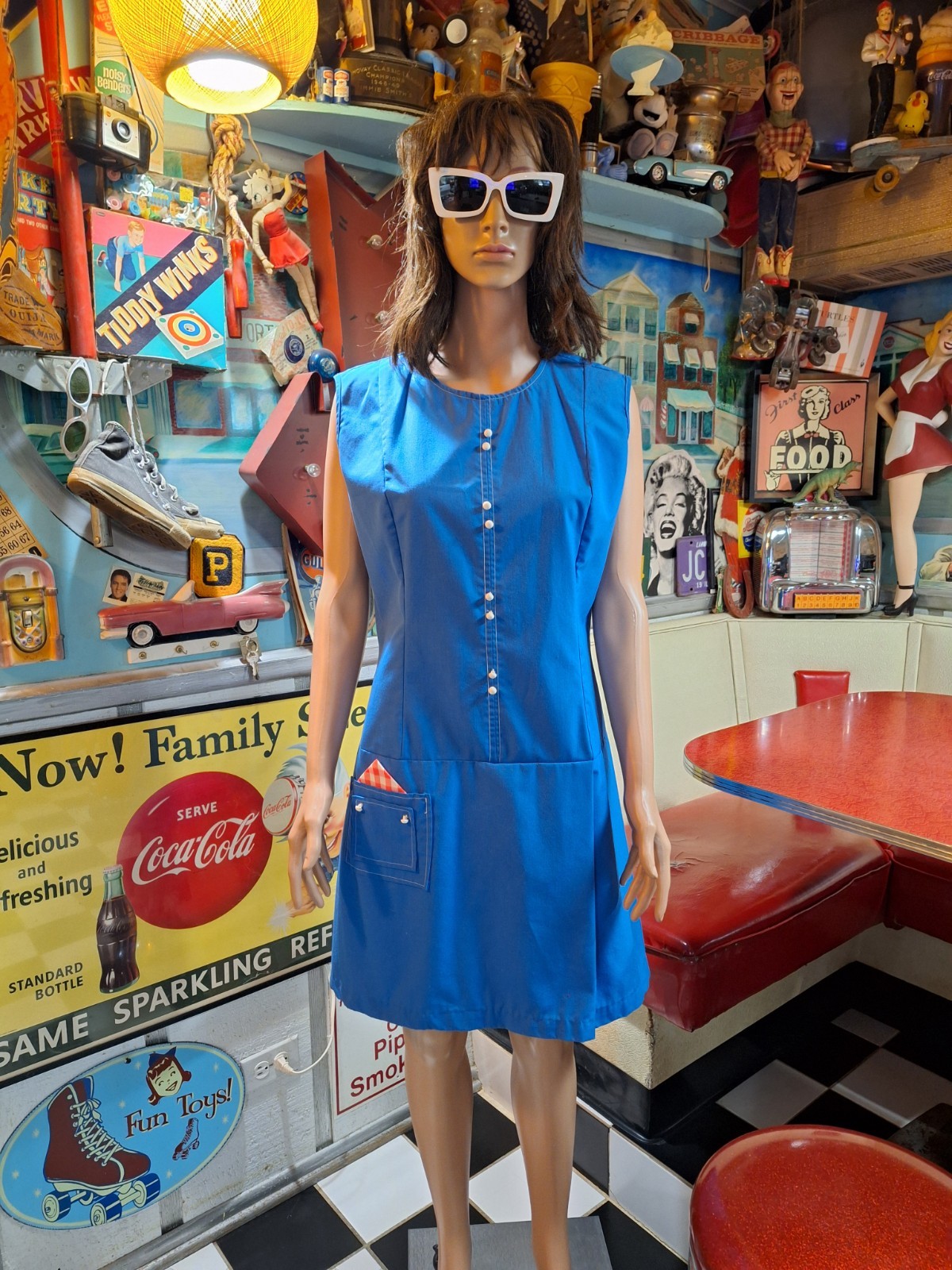 True VTG Mid-century 60s 70s Drop Waist Sleeveless Romper Pocket Dress Shorts L