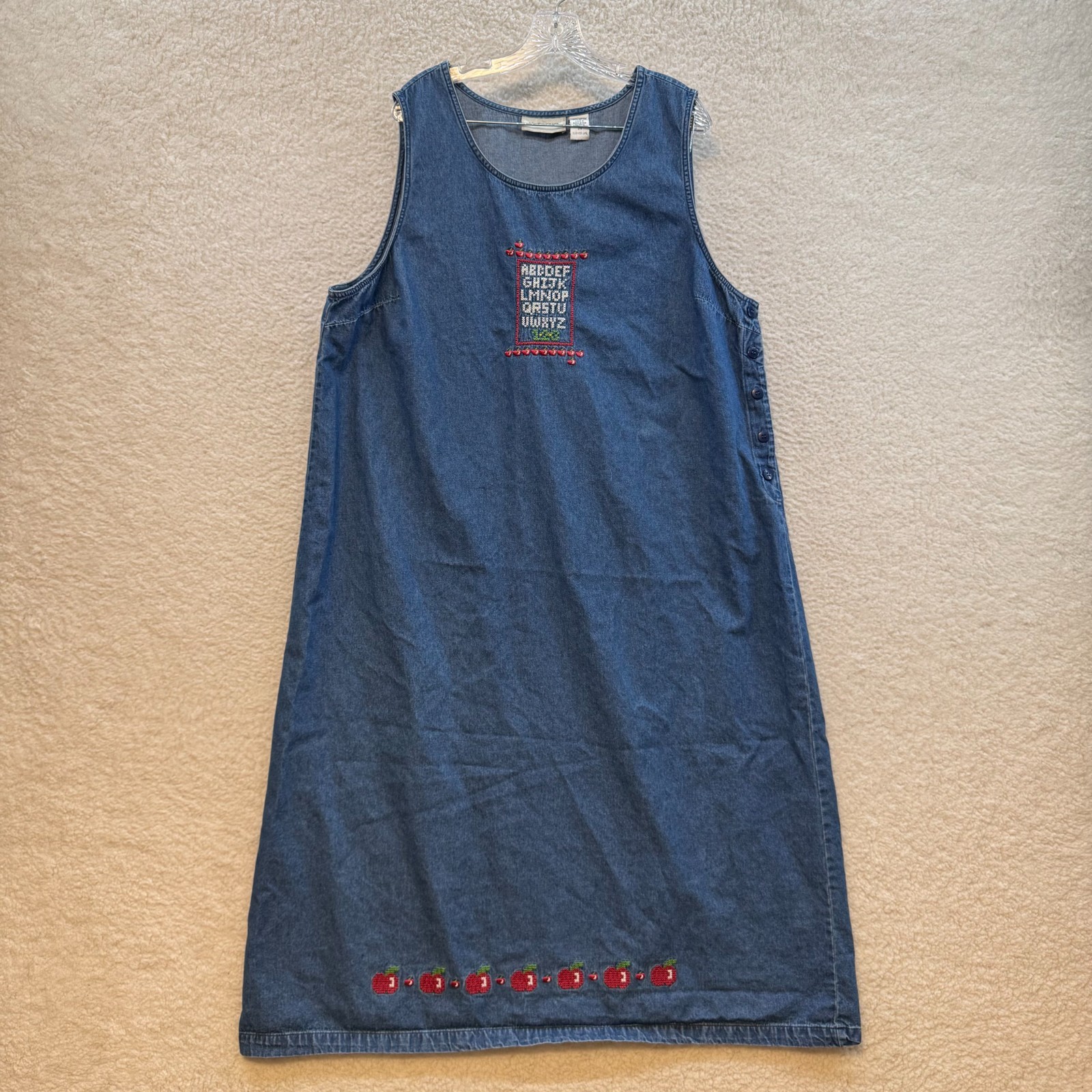 Vintage Denim Dress 2X Midi Maxi Teacher ABC Apples Cottagecore Prairie Retro