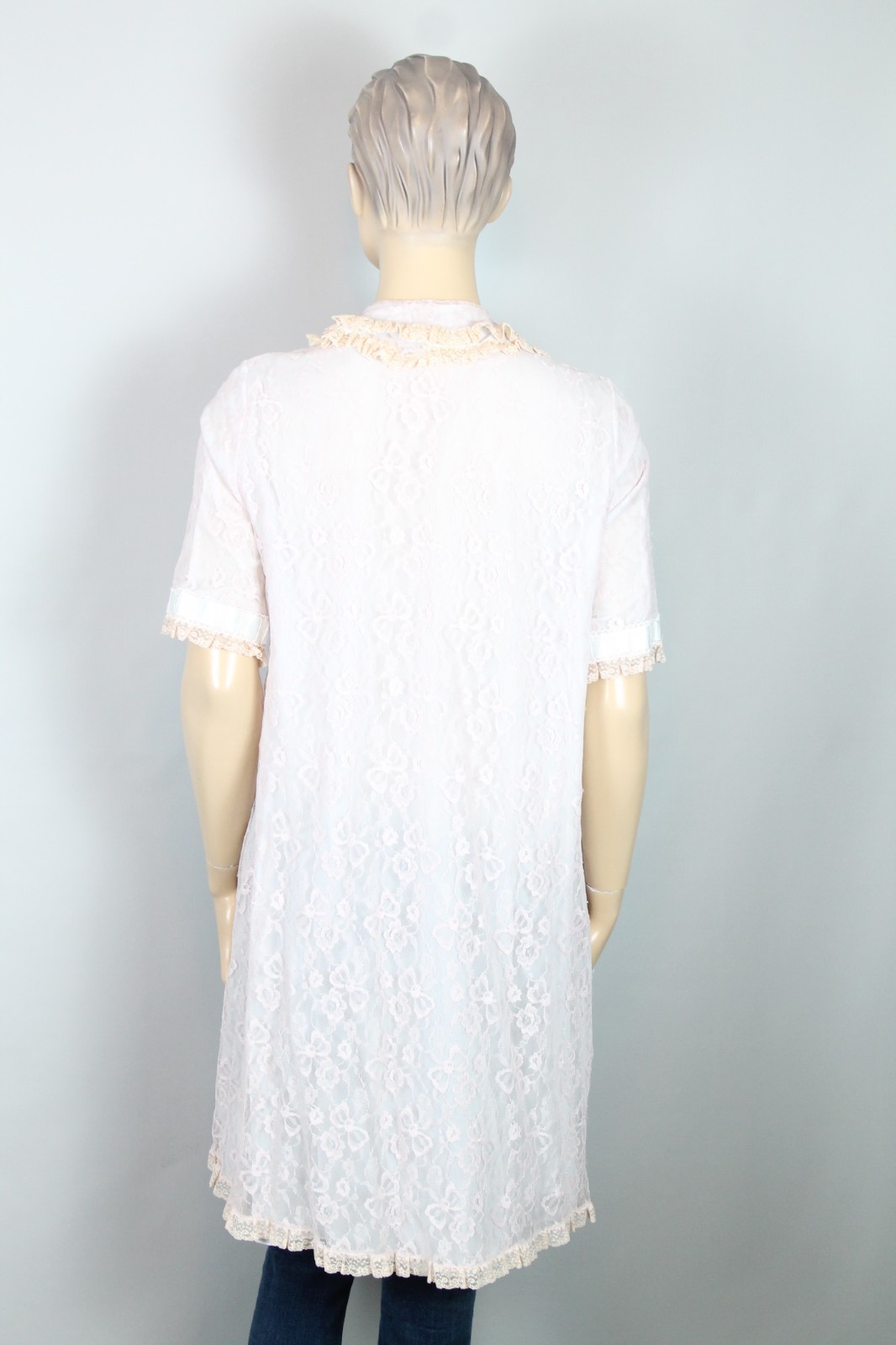 Vtg ODETTE BARSA Blue Pink Ruffles Layered Lace Bed Jacket Dress Robe S