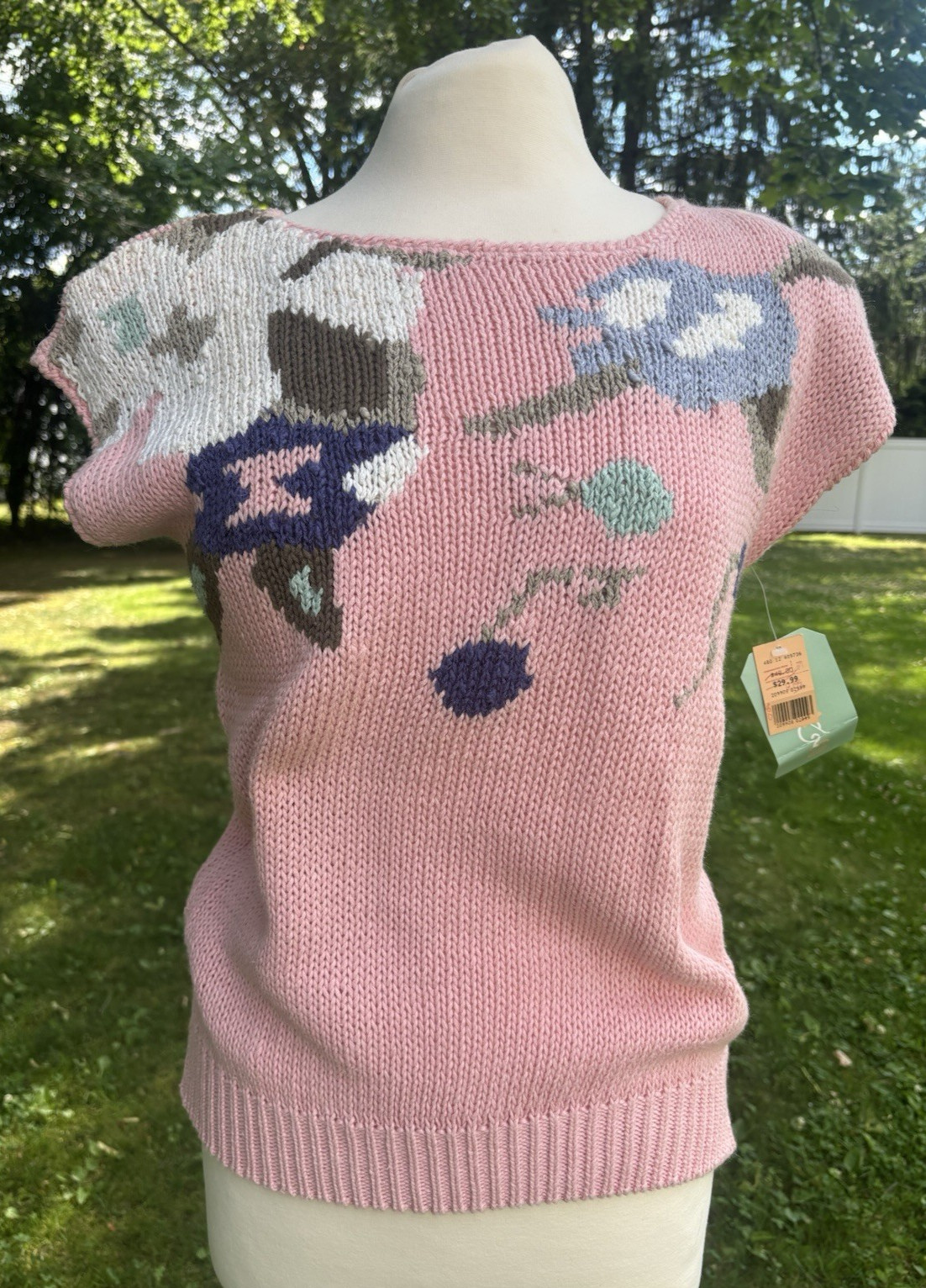 NOS 1980&rsquo;s Kera & Co. Pink Floral Knit Capped Sleeve Summer Sweater/Top With Tag