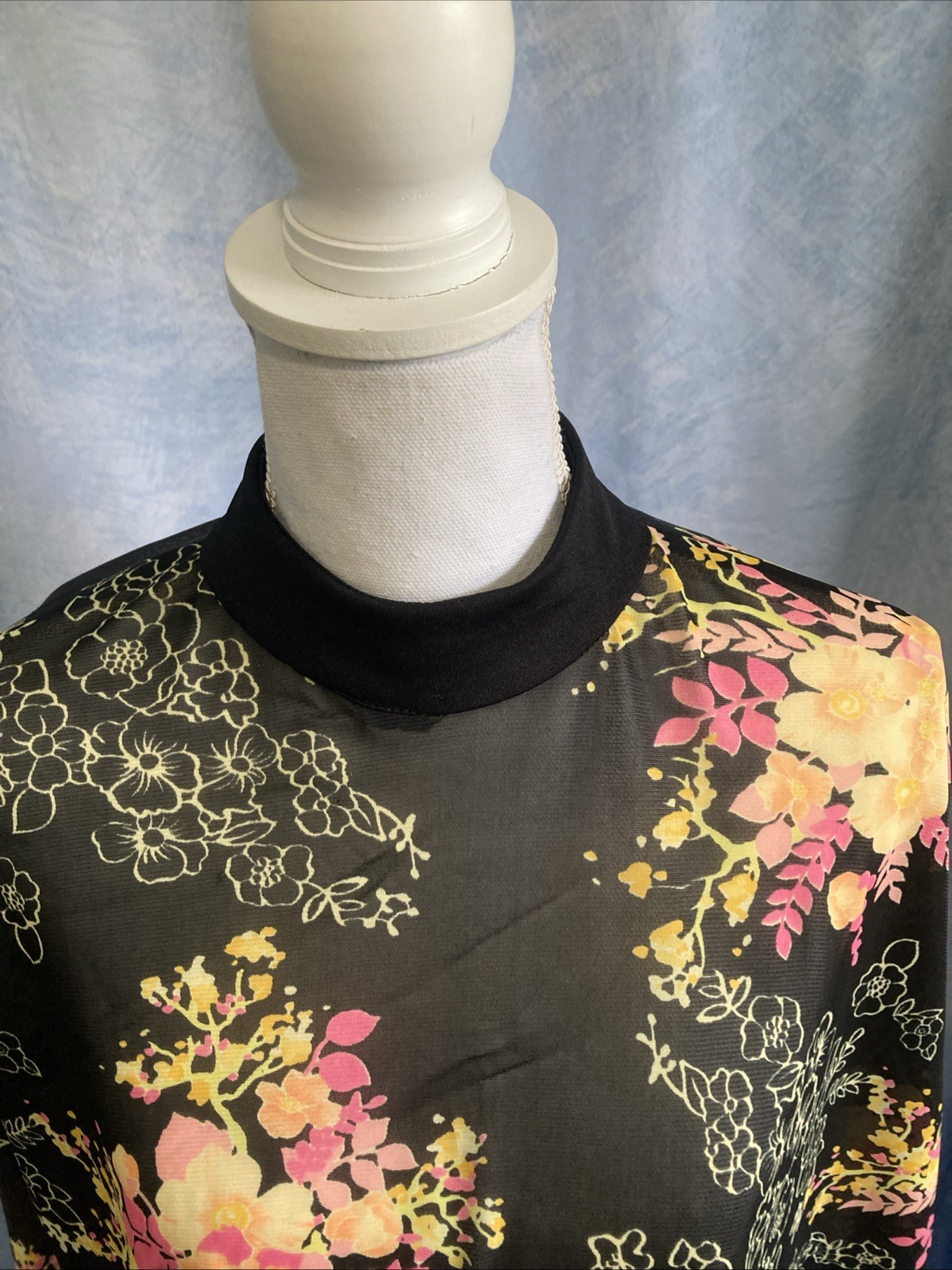 Vtg 70s Floral Chiffon Poncho Sheer Mock Neck Boho Festival Cape Top XS S EUC