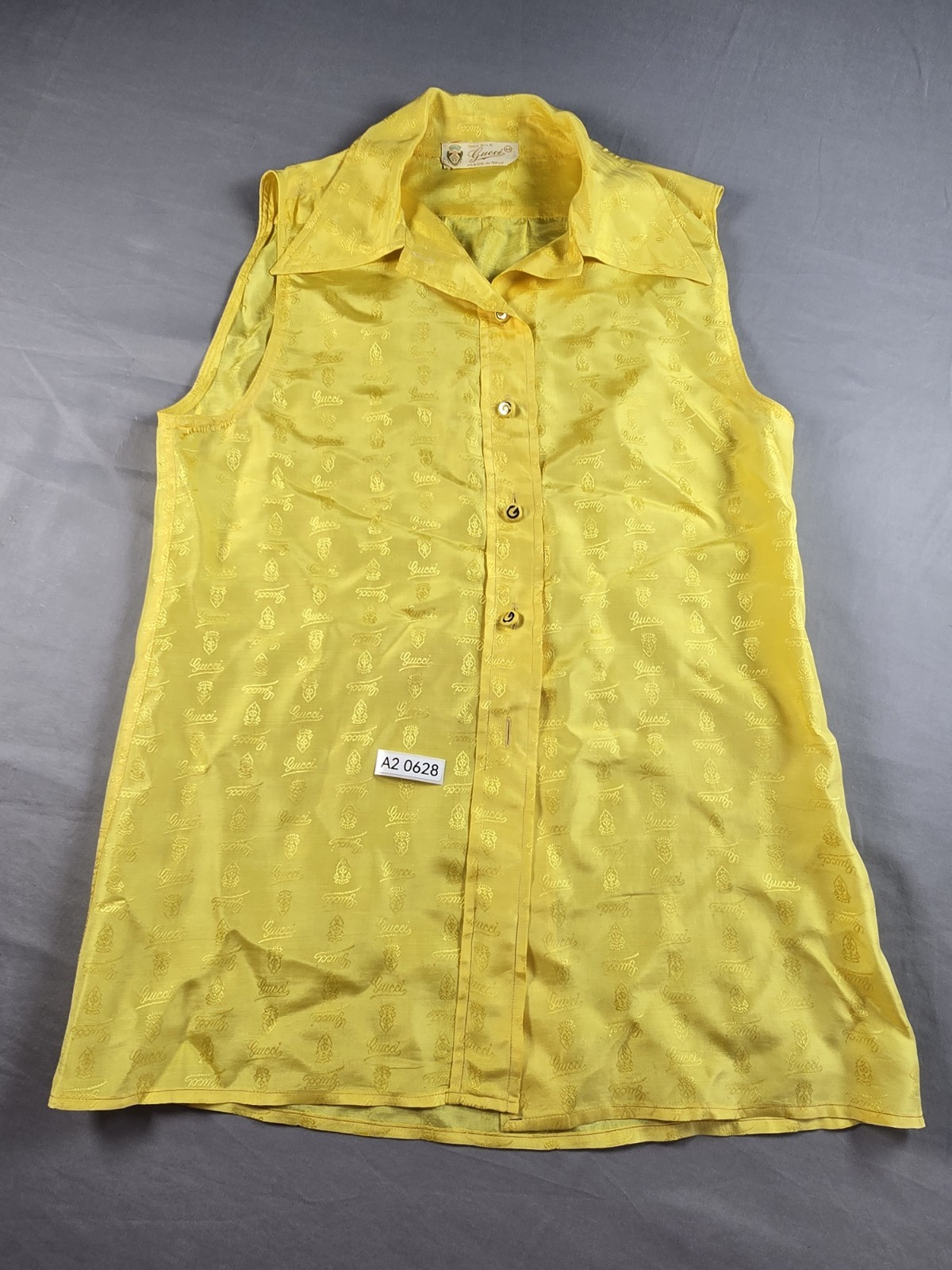 Vintage 1970&rsquo;s Gucci Women&rsquo;s Yellow 100% Silk Blouse Sleeveless with Collar
