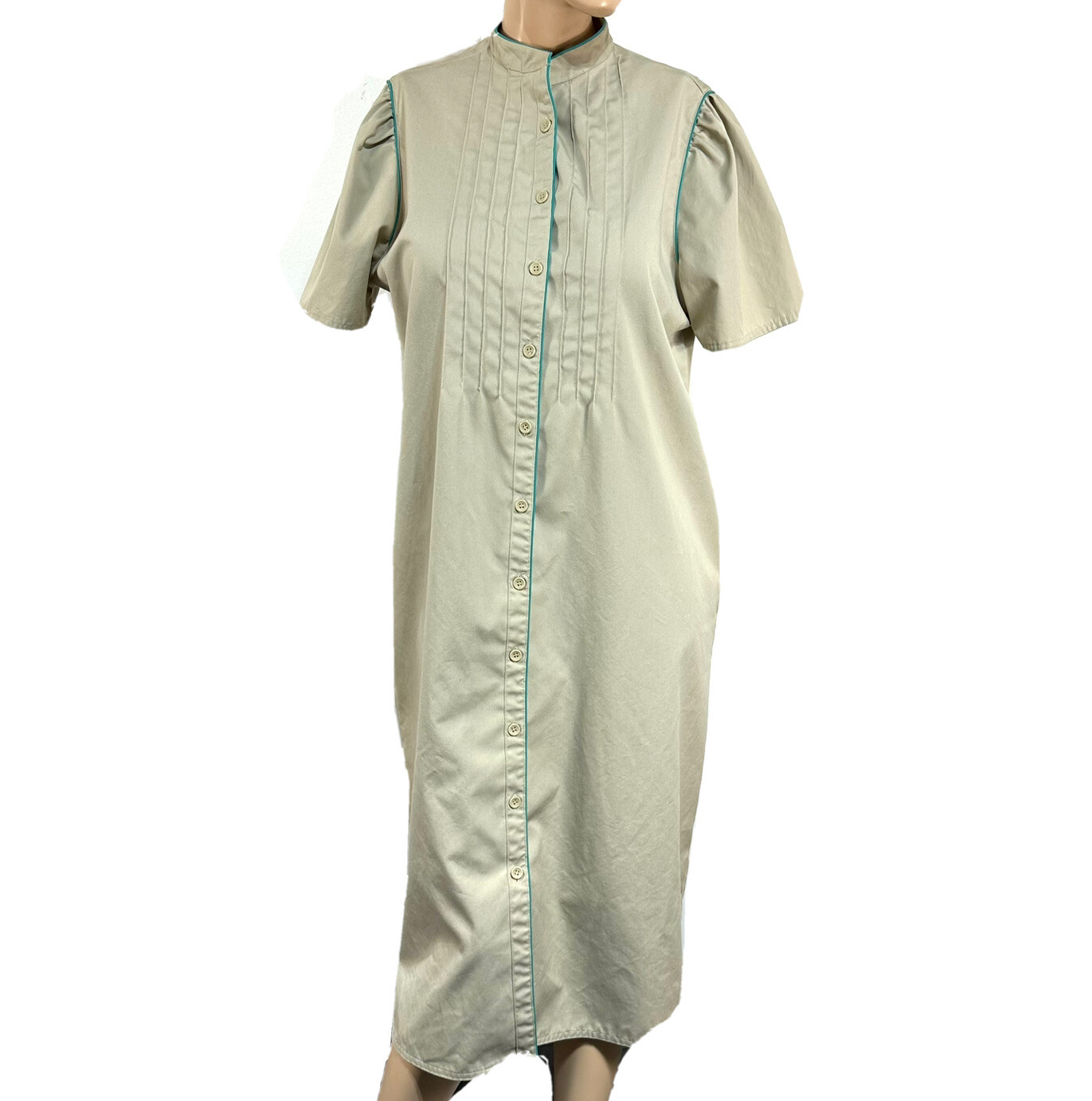 Vintage Adaptations Work Dress Uniform Beige Teal Button Front Tie Belt Size 18