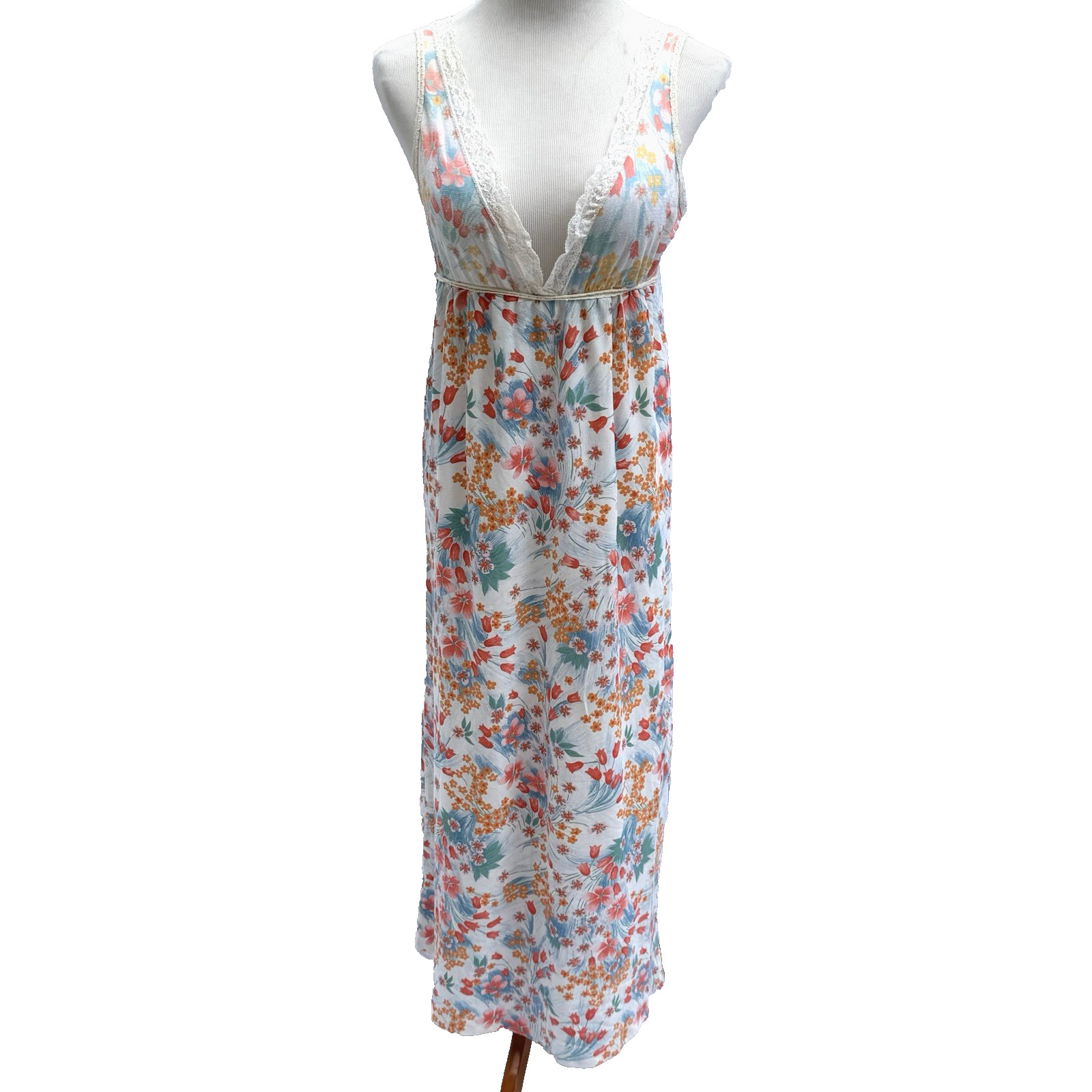 Vtg JCPenney Nightgown L Nylon/Poly Sleeveless Colorful Floral Empire Lace Trim