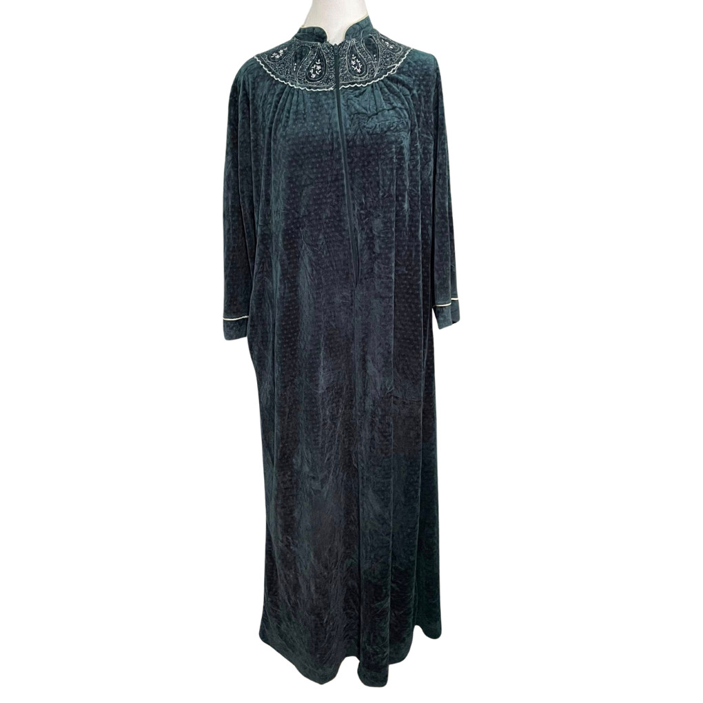 Vintage Heather Velour Robe Half Zip Embroidered USA 70s 80s Dark Teal M