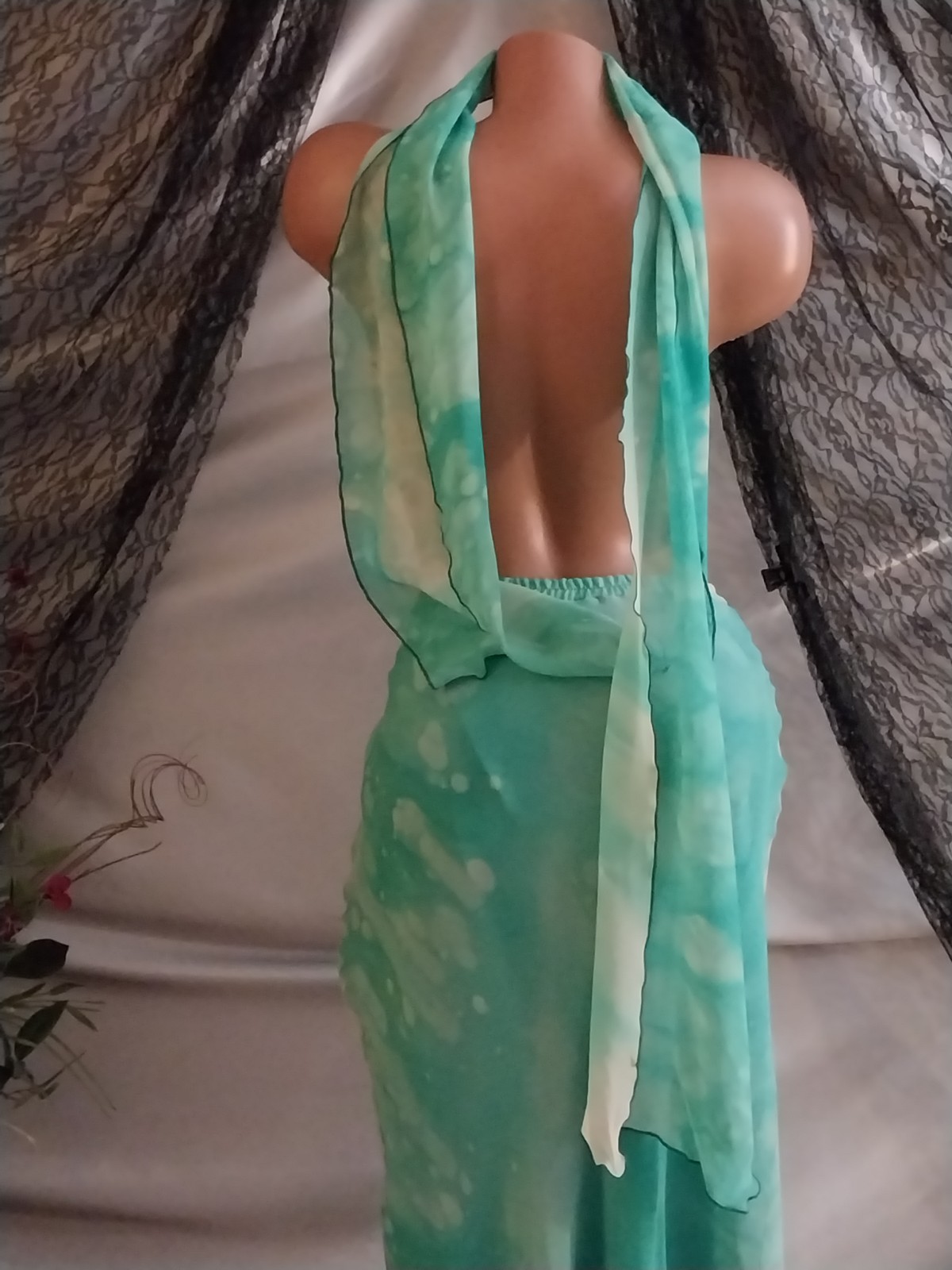 VTG SILK YOLANDA LORENTE HAND PAINTED FLORAL seafoam LAYERS SKIRT BLOUSE L 44