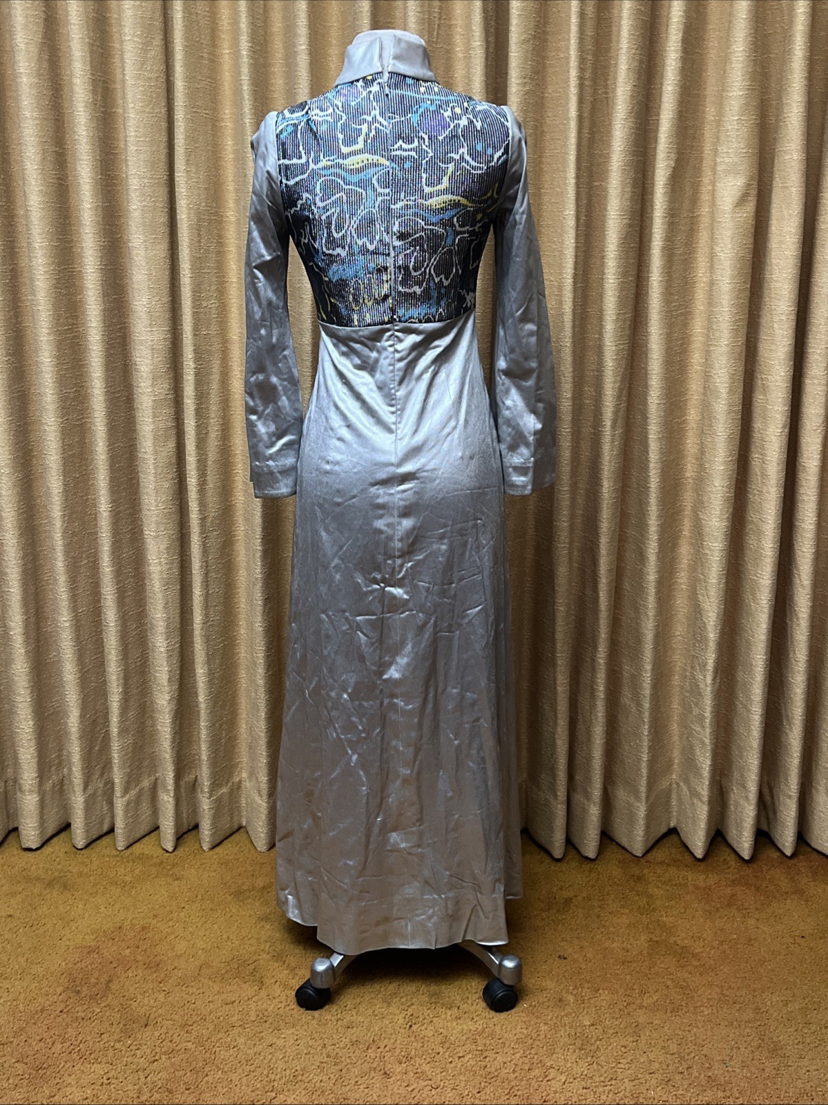 Vtg 1960s Liquid Silver Psychedelic Space Age Disco Maxi Dress With Bell Sleeves