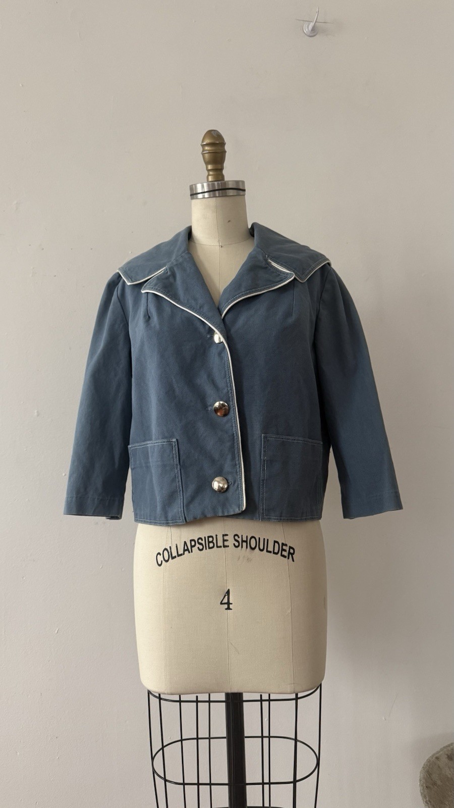 1950s Sailor Collar Cropped Jacket Dusty Blue Rayon Faille Nautical Sportswear