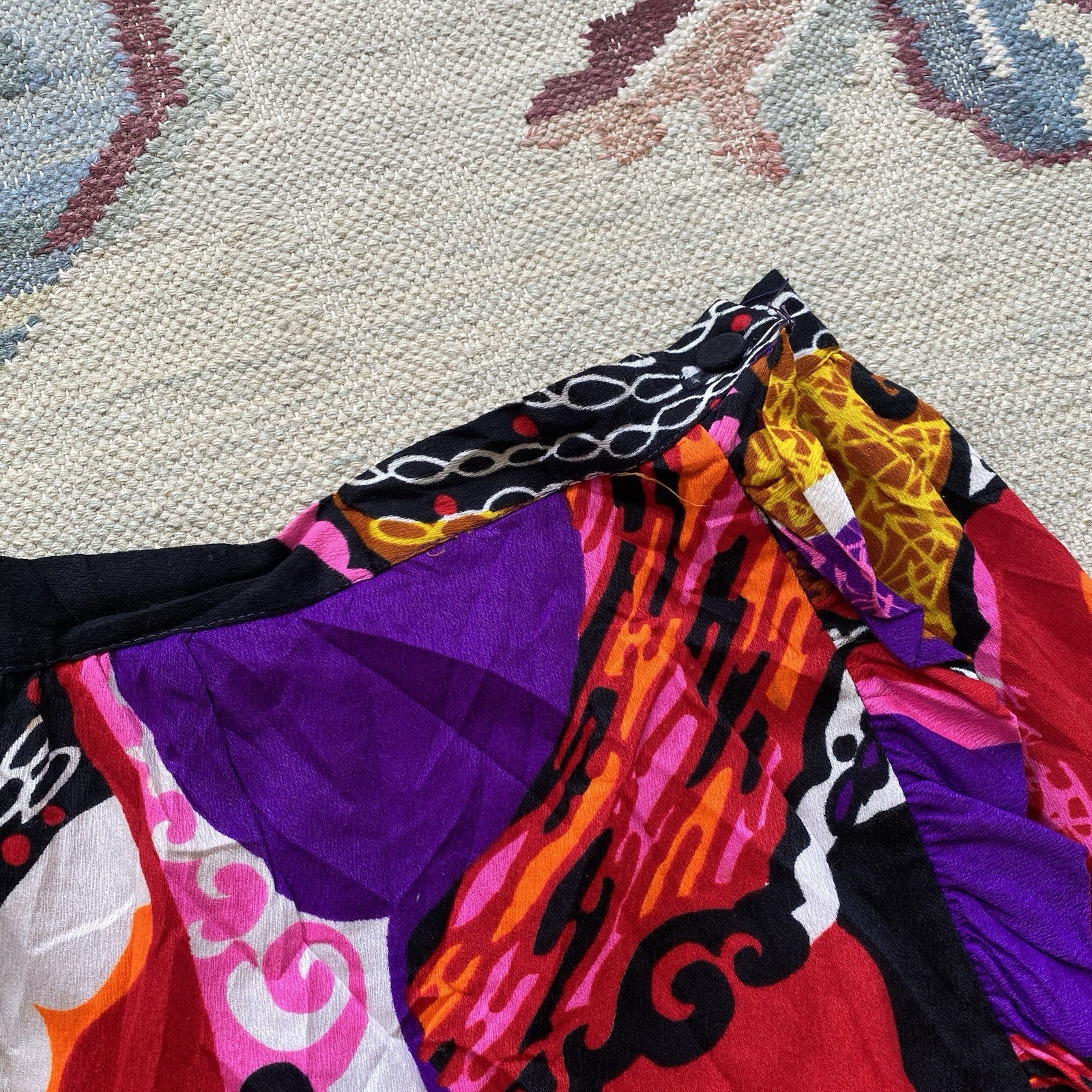 Vintage 70s Barkcloth Maxi Wrap Skirt Pink Purple Psychedelic 26 Waist Ruffle