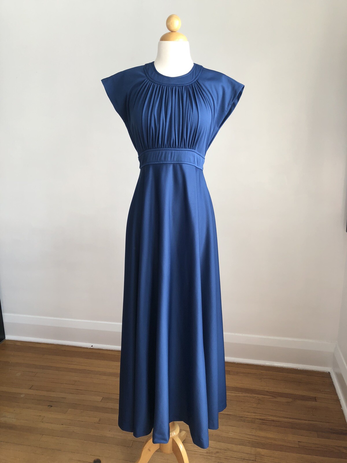 STUNNING VTG Navy Blue Gown Maxi Dress Empire Waist Cap Sleeve SZ 9
