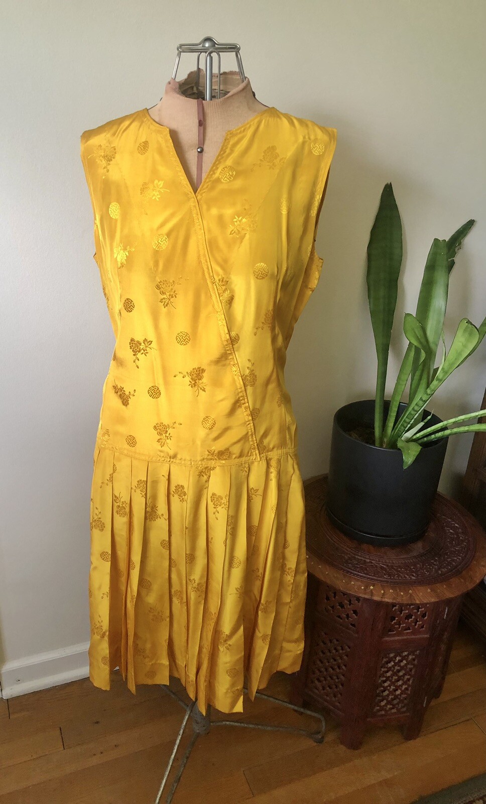1950’s-1960’s Mustard Yellow Silk Jacquard Drop Waist Dress