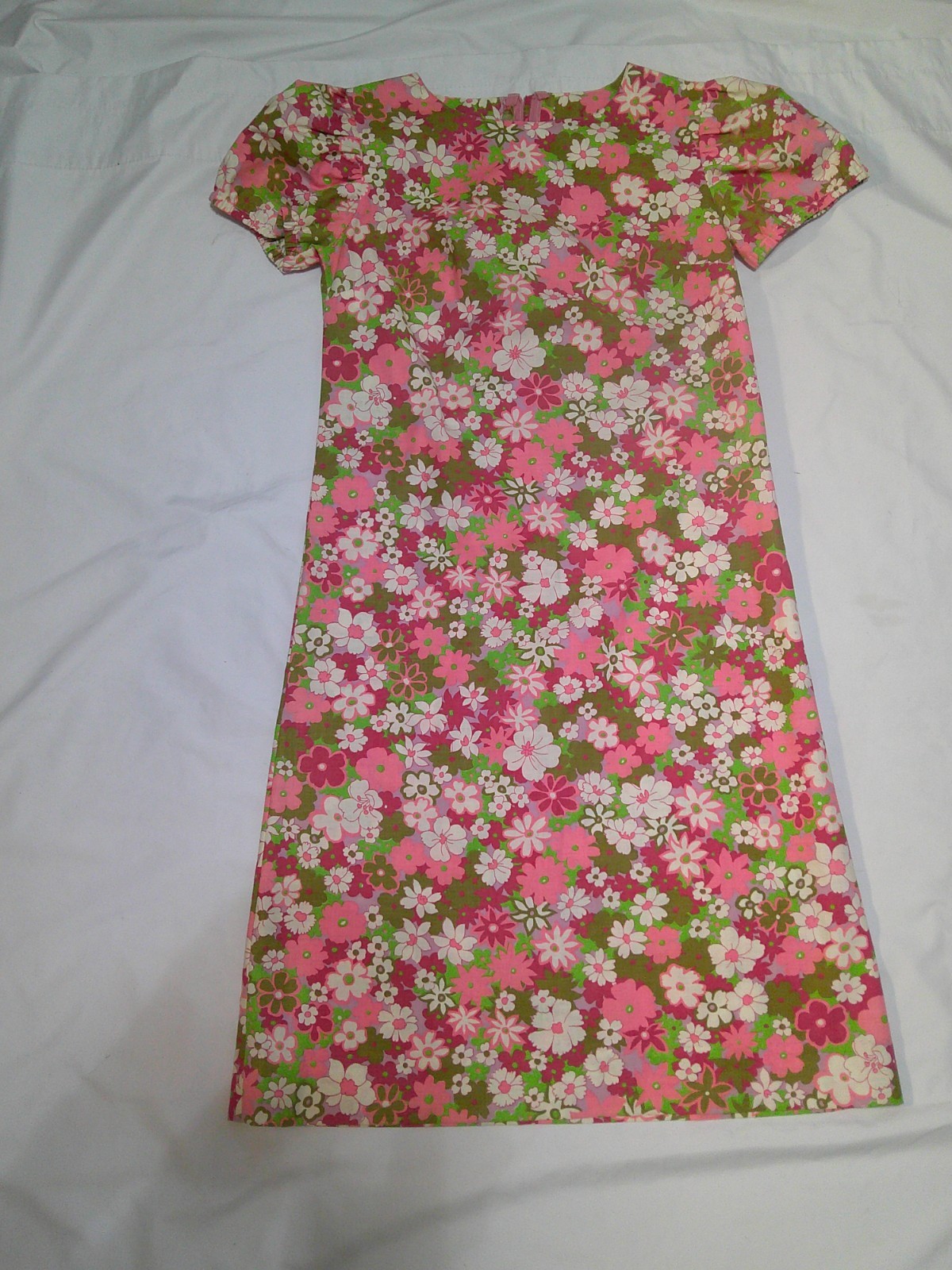 Vtg 60&rsquo;s MOD GoGo Flower Power Cotton Puff Sleeve Twiggy Style Dress Homemade S
