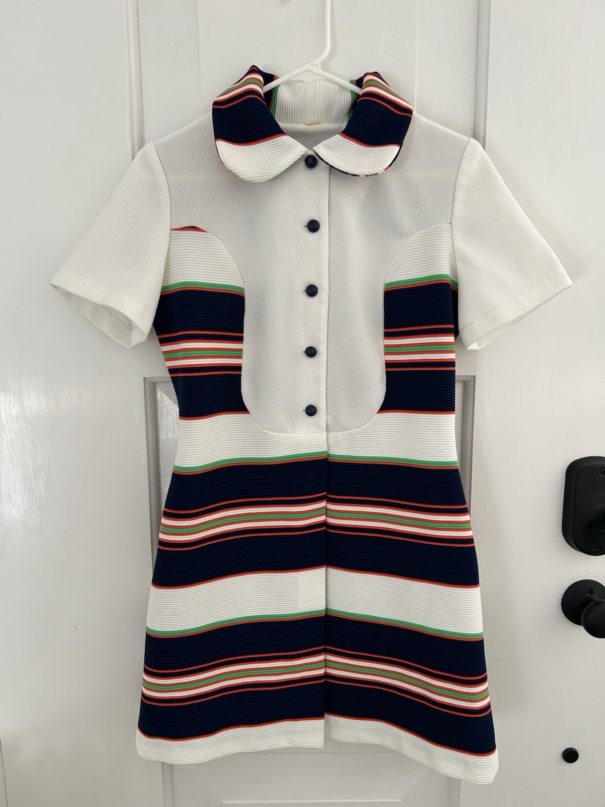 Vintage 70s Mod Stripe Dress Peter Pan Collar Fit Flare Retro A-Line Dress