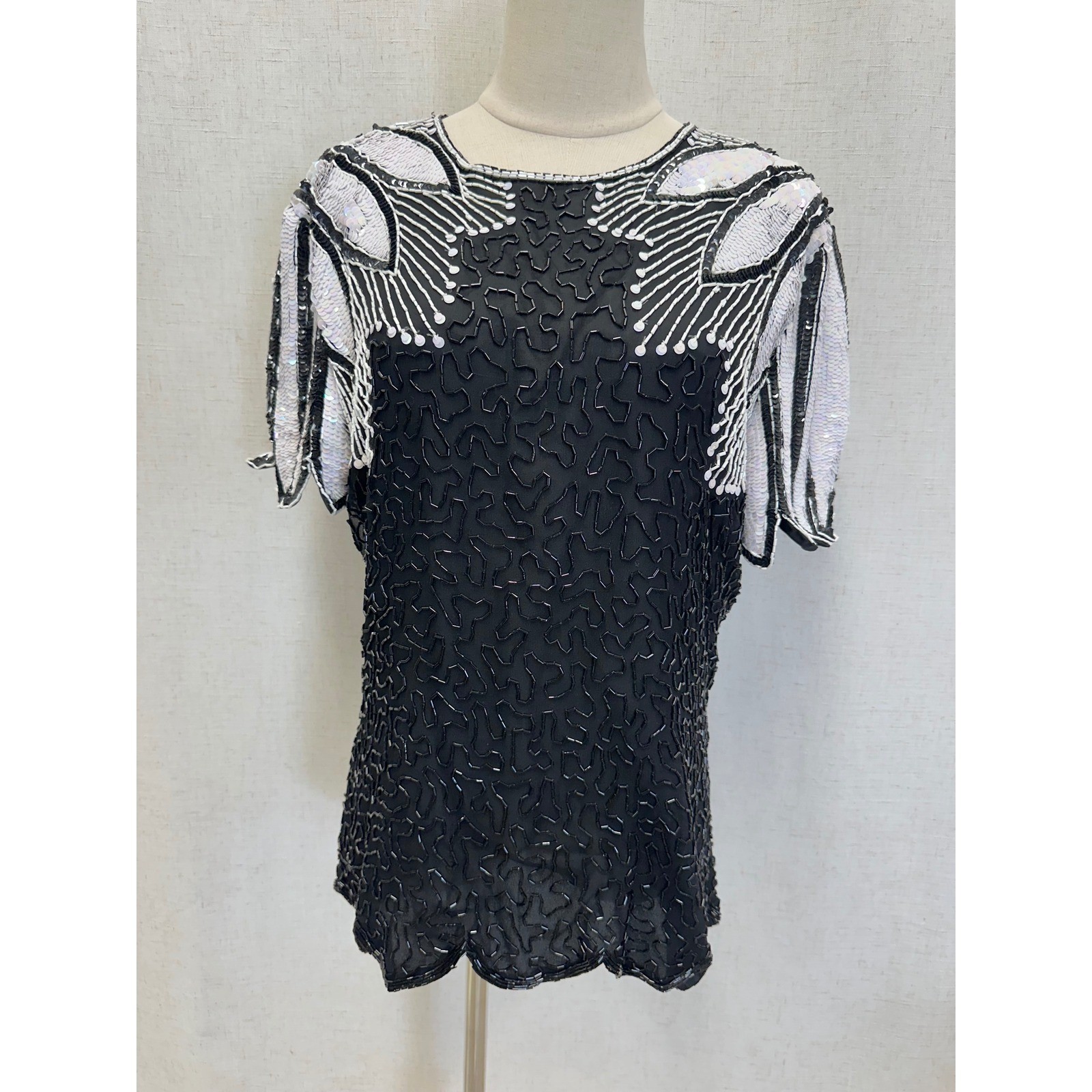 Stenay 100% Silk Beaded Sequin Black White Top Womens 14 Vintage Evening Blouse