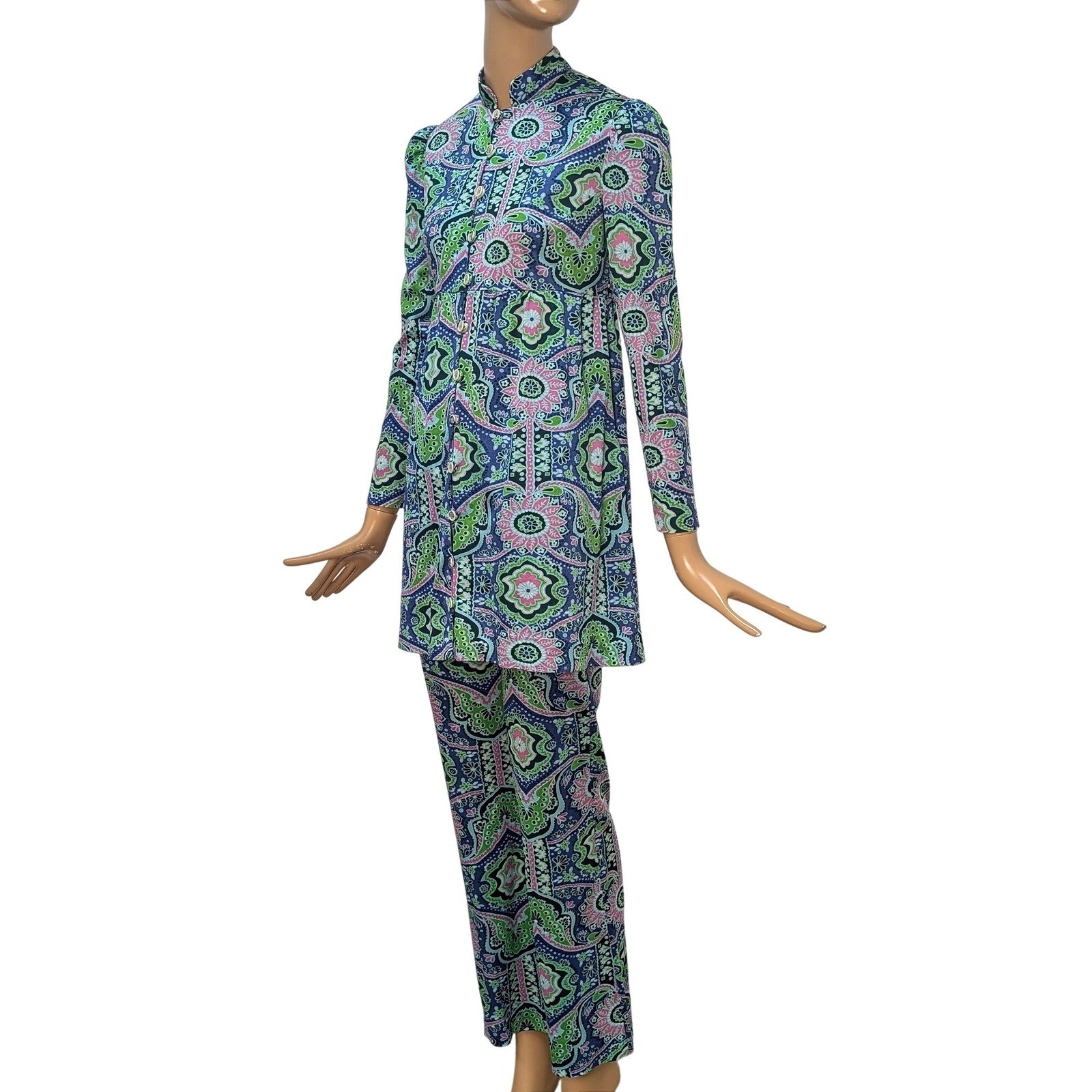 Vintage 60s Magnin Psychedelic Paisley Floral Tunic and Pants Set Blue Green