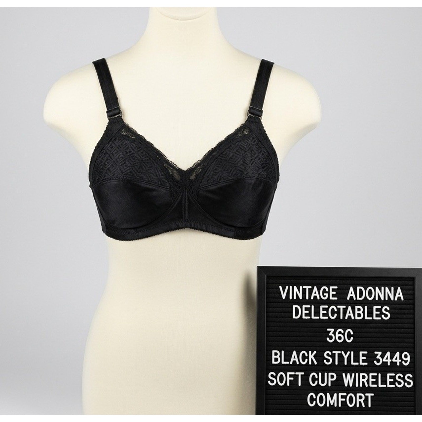 Vintage Adonna Delectables Bra 36C Black Style 3449 Soft Cup Wireless Comfort