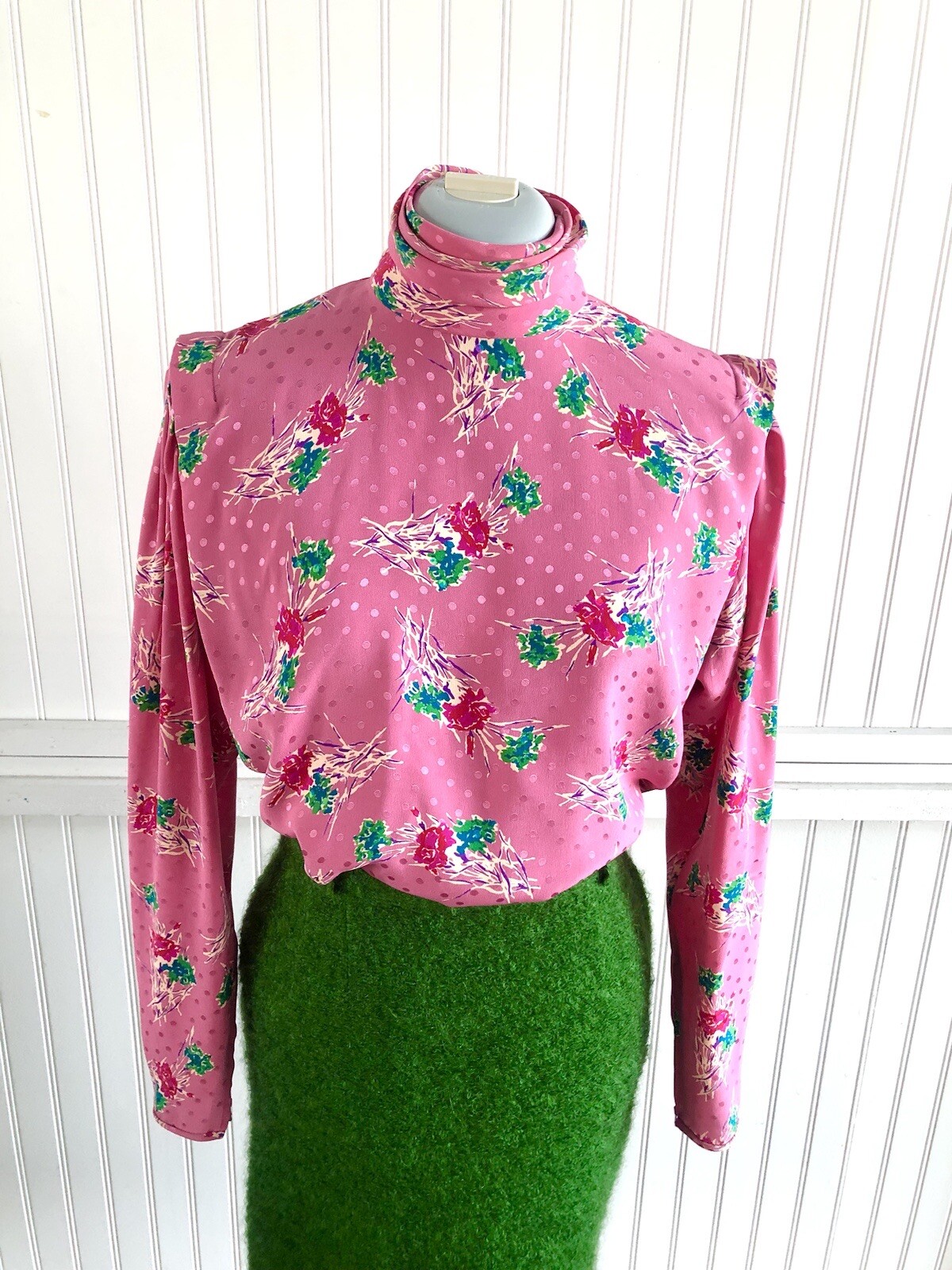 1980’s Emanuel Ungaro Paris High Collared Pink Floral Silk Blouse