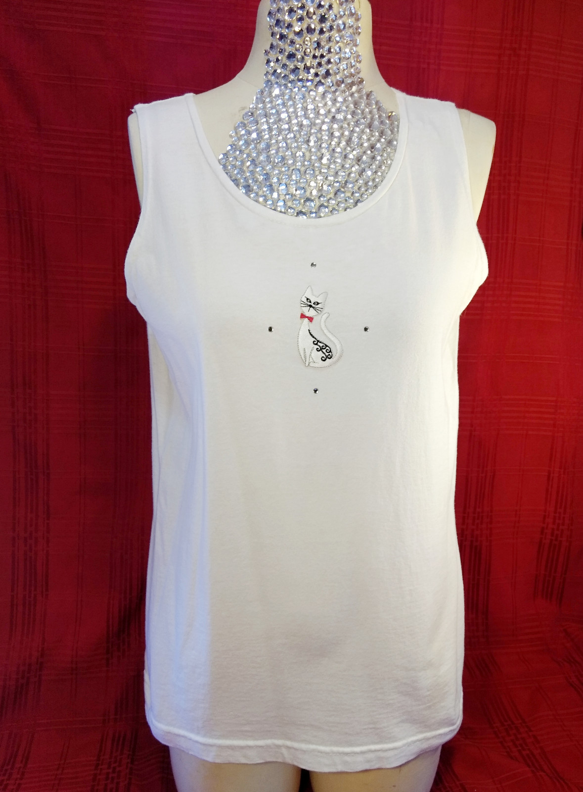 CAT Applique Shirt 2pc Womens Medium Set Red White Stripe Tank Crystals Kitschy