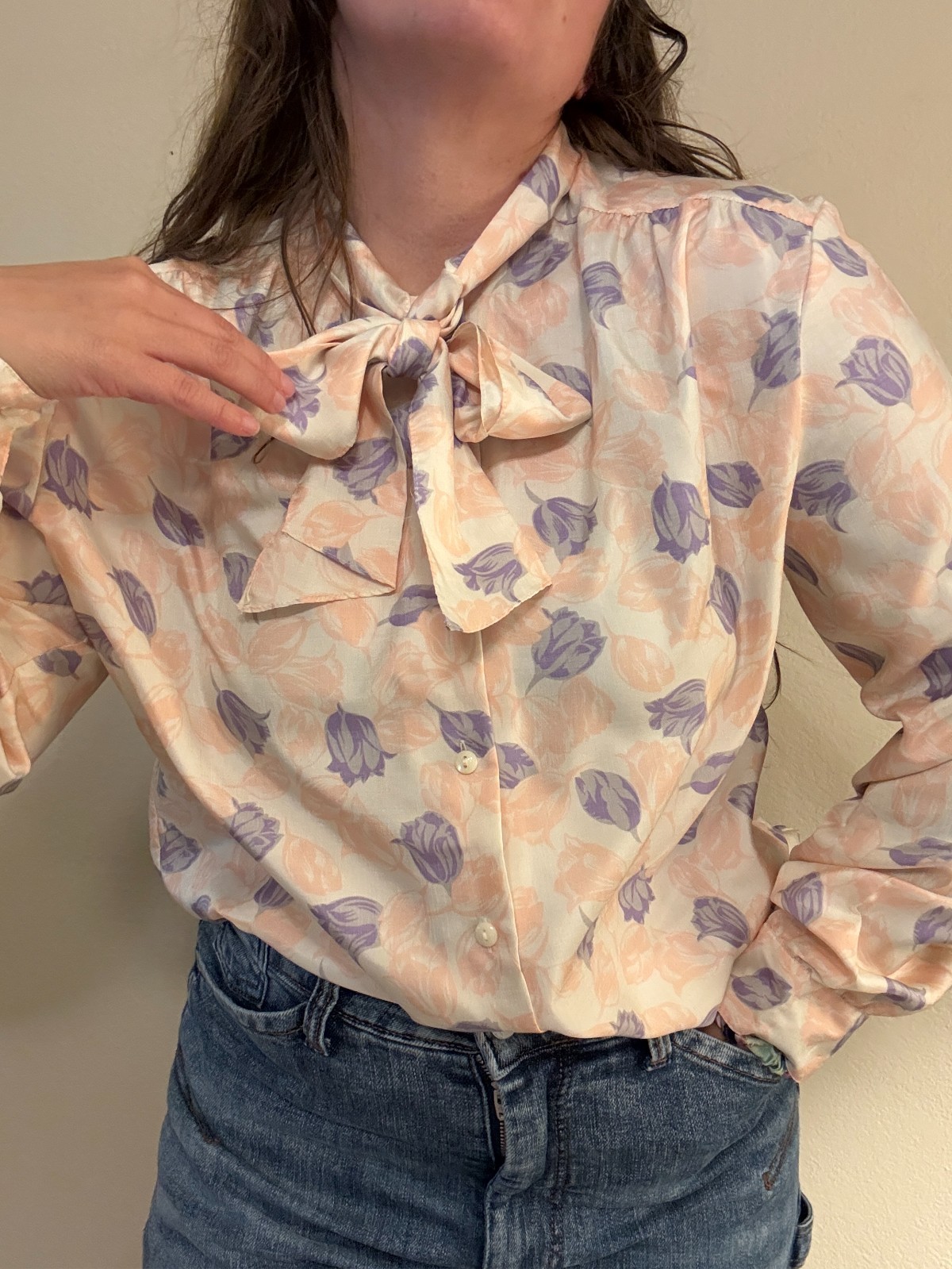 Vintage 80s Ship N Shore Pastel Floral Secretary Pussybow Bow Blouse L/XL