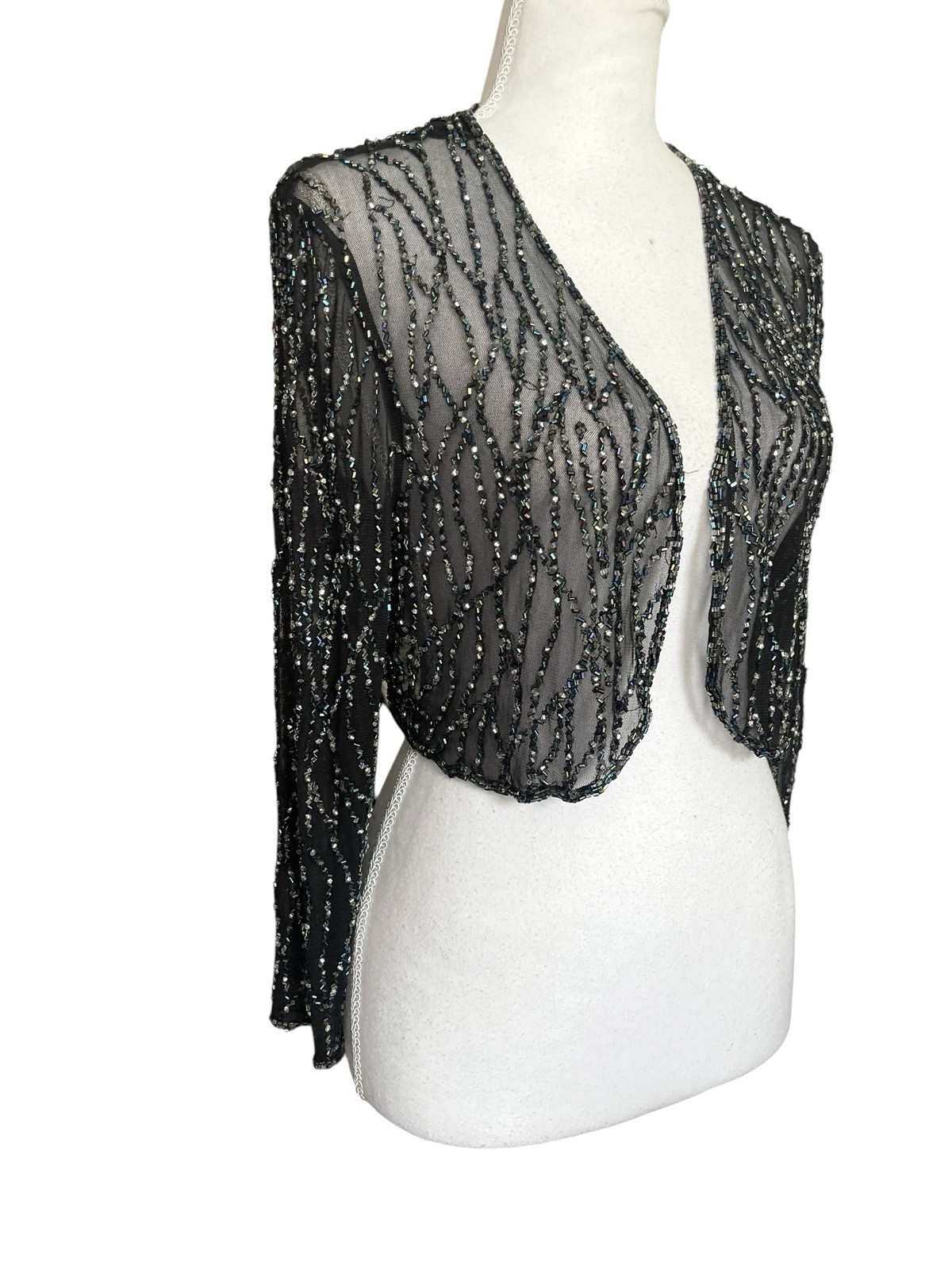 Vintage 90s Sheer Mesh Beaded Bolero Shrug Sz L Old Hollywood Glamour Whimsigoth