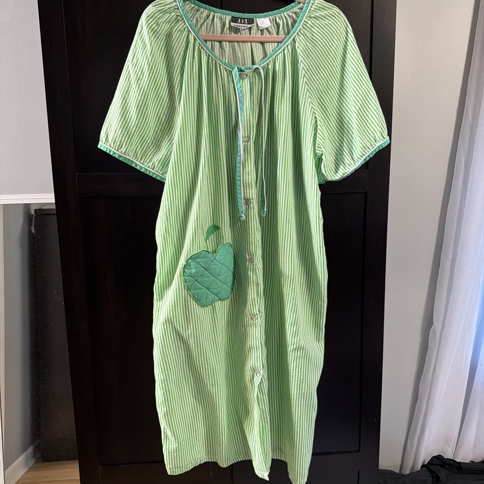 Vintage J.I.T. Sleepwear Green Striped Mumu Button Up with Quilted Apple Pocket