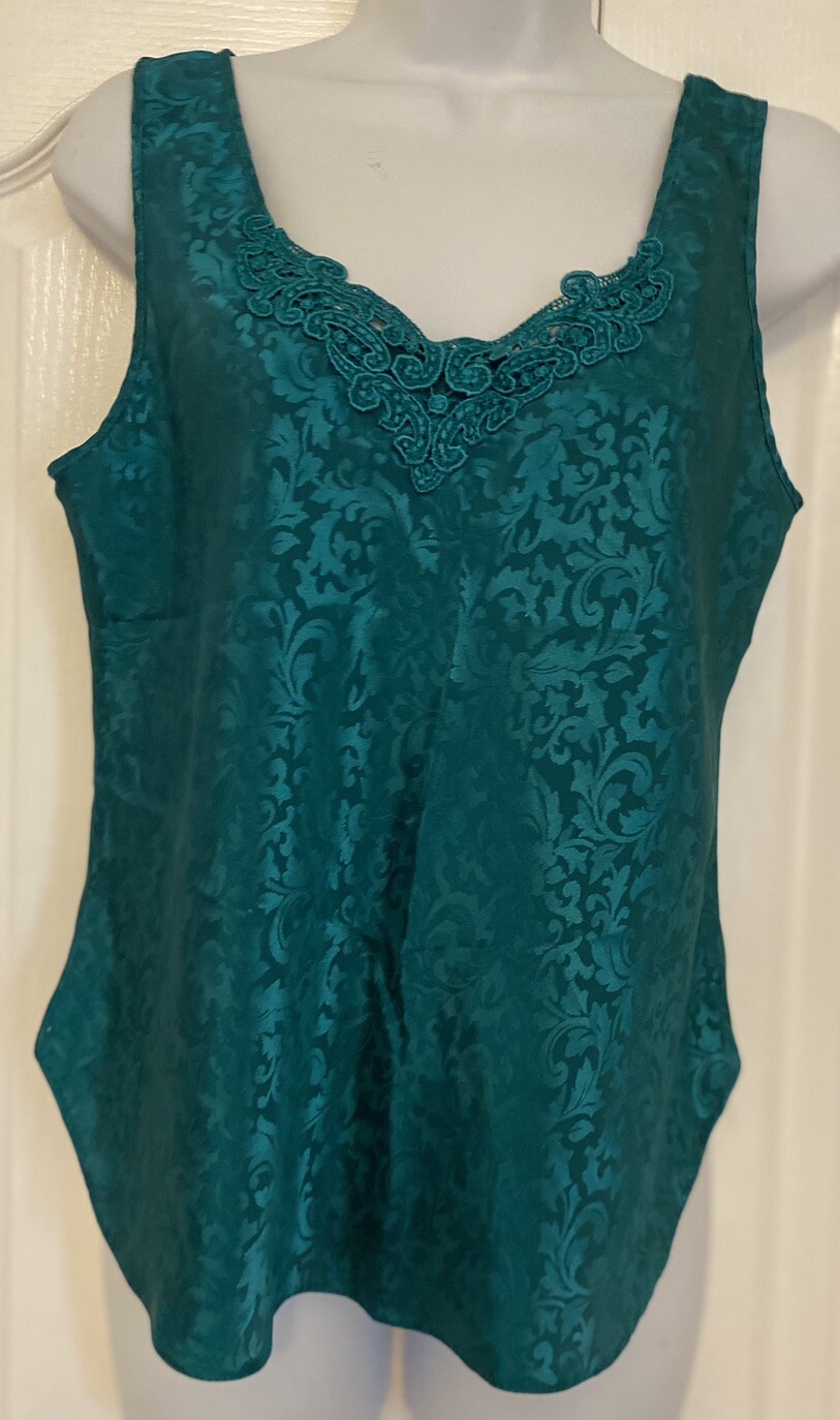 Vintage Lucie Ann II Satin Camisole Green Tone on Tone Scroll Small Size 34 USA