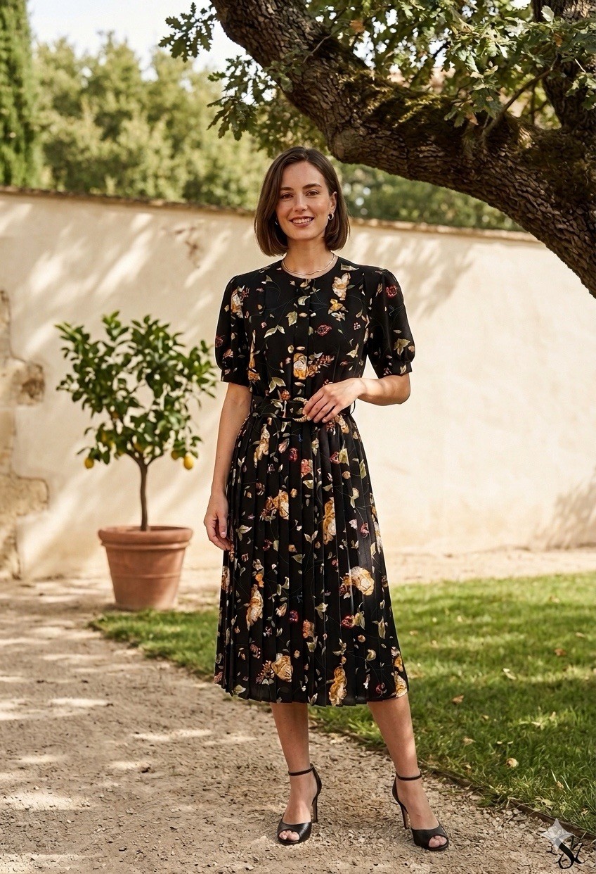 Vintage 80s Black Floral Pleated Polyester Midi Dress Grandmacore Size 8P