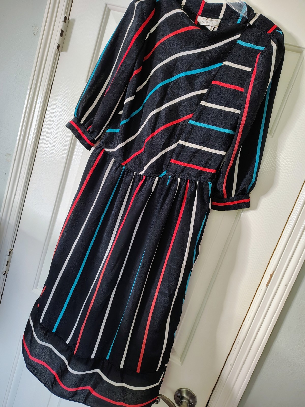Vintage 70s John Richard colorful striped dress size 6 lightweight sheer Preppy