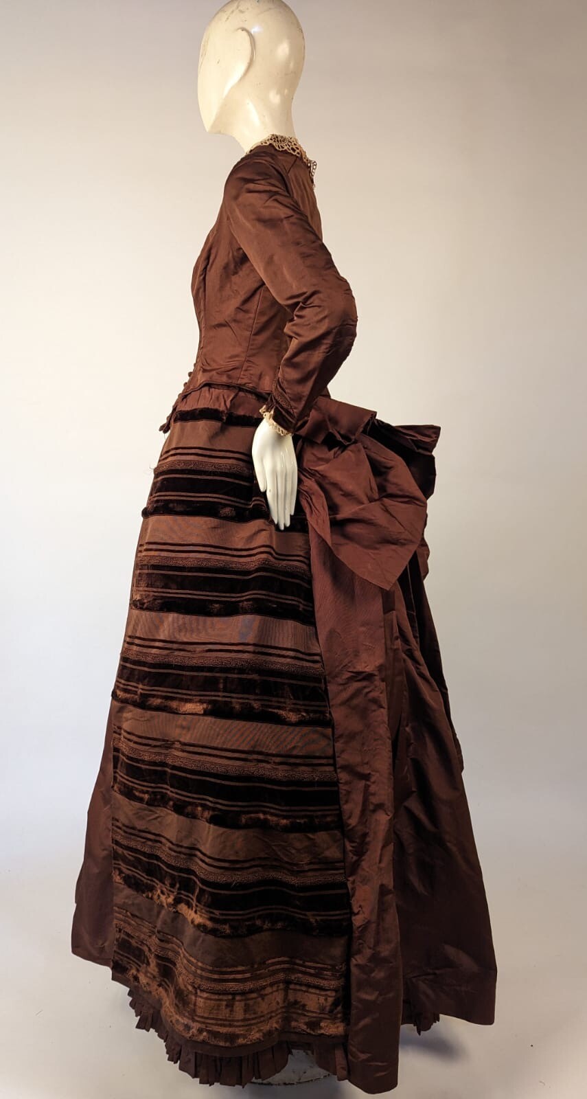 VICTORIAN 1880’S SILK BUSTLE DRESS W VELVET STRIPING + LABEL + BUILT IN BUSTLE