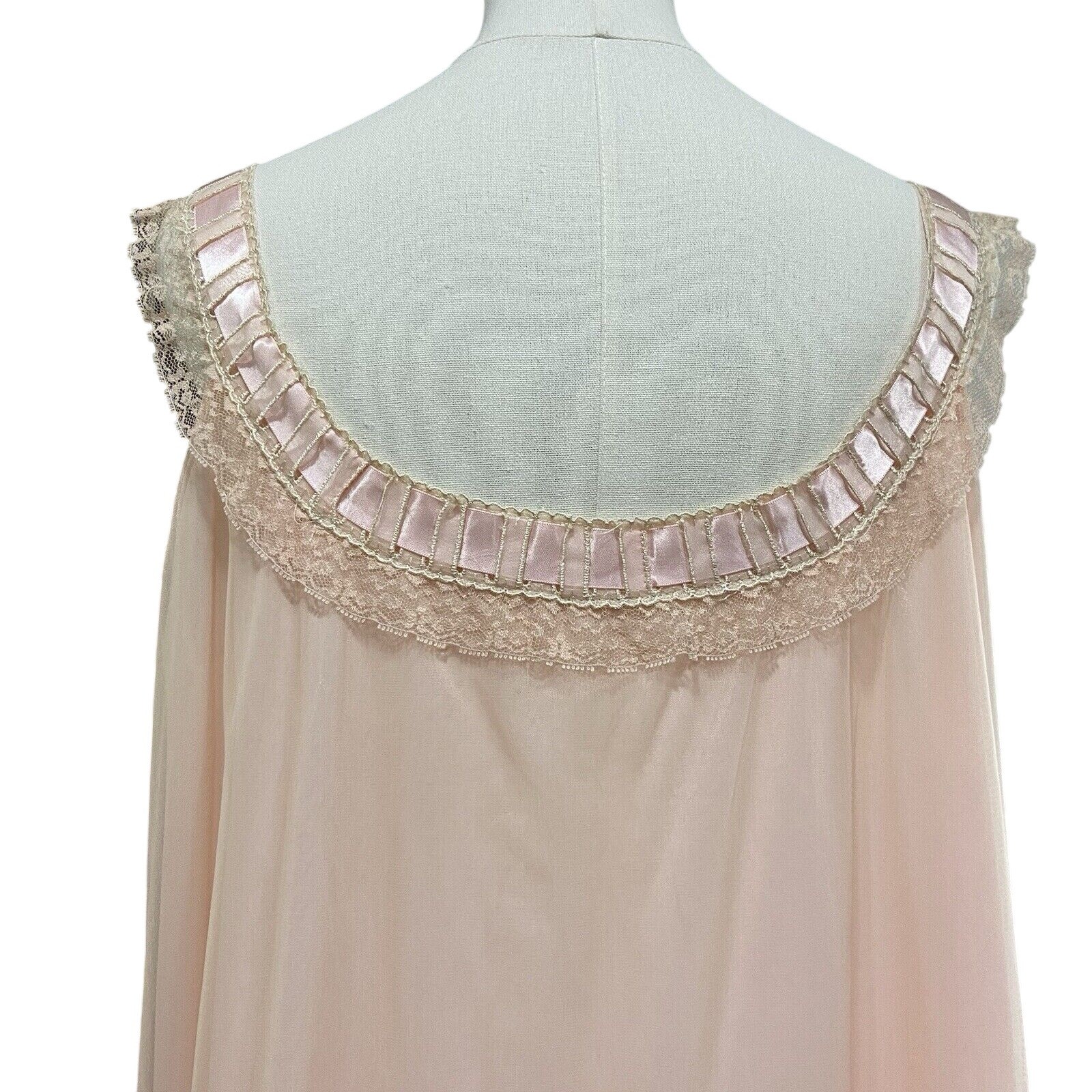 Vintage 60s Odette Barsa Pink Nylon Chiffon Ribbon Lace Maxi Nightgown Size M