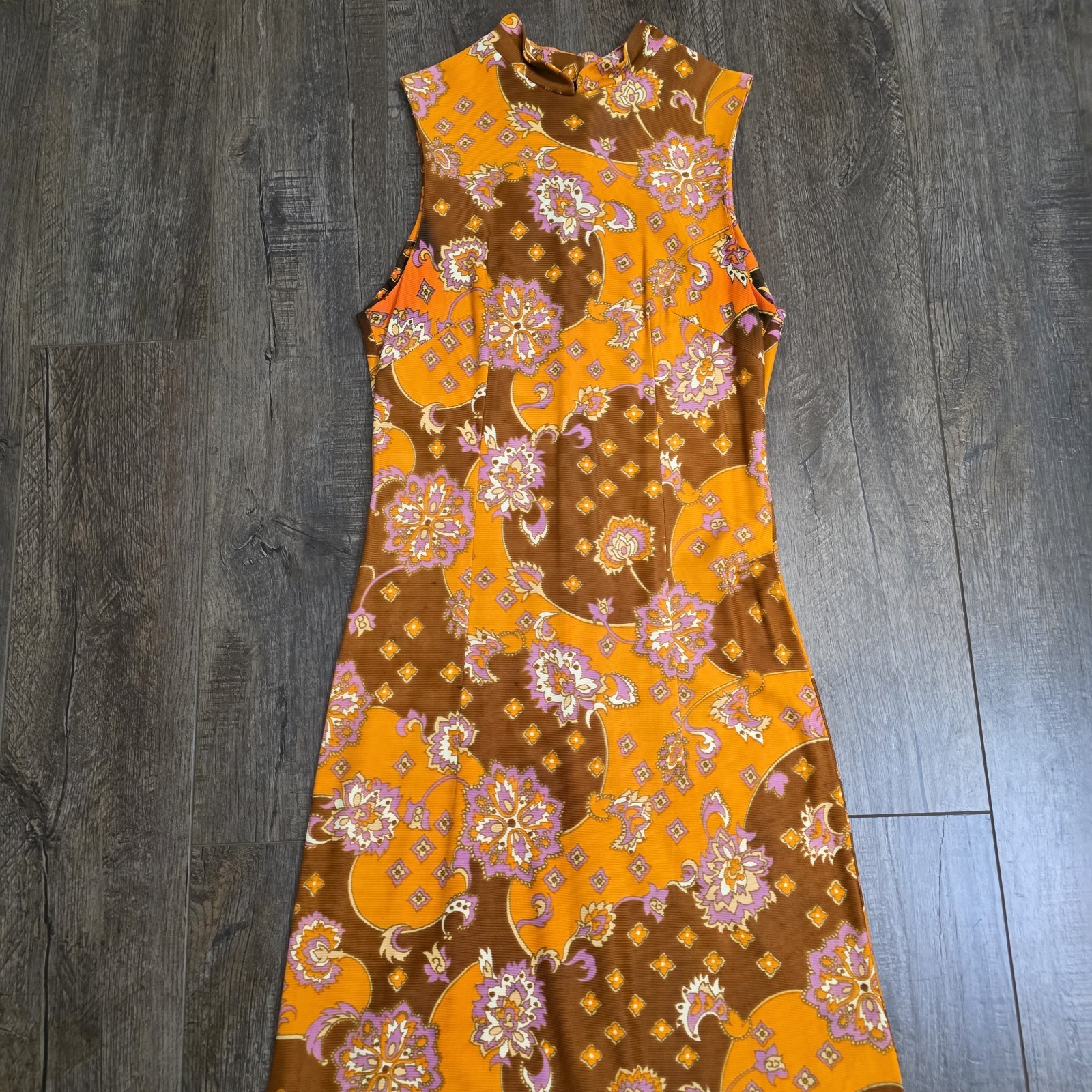 Vintage 60s 70s Maxi Dress Size 11 Orange Brown Floral Hippy Psychedelic Acetate