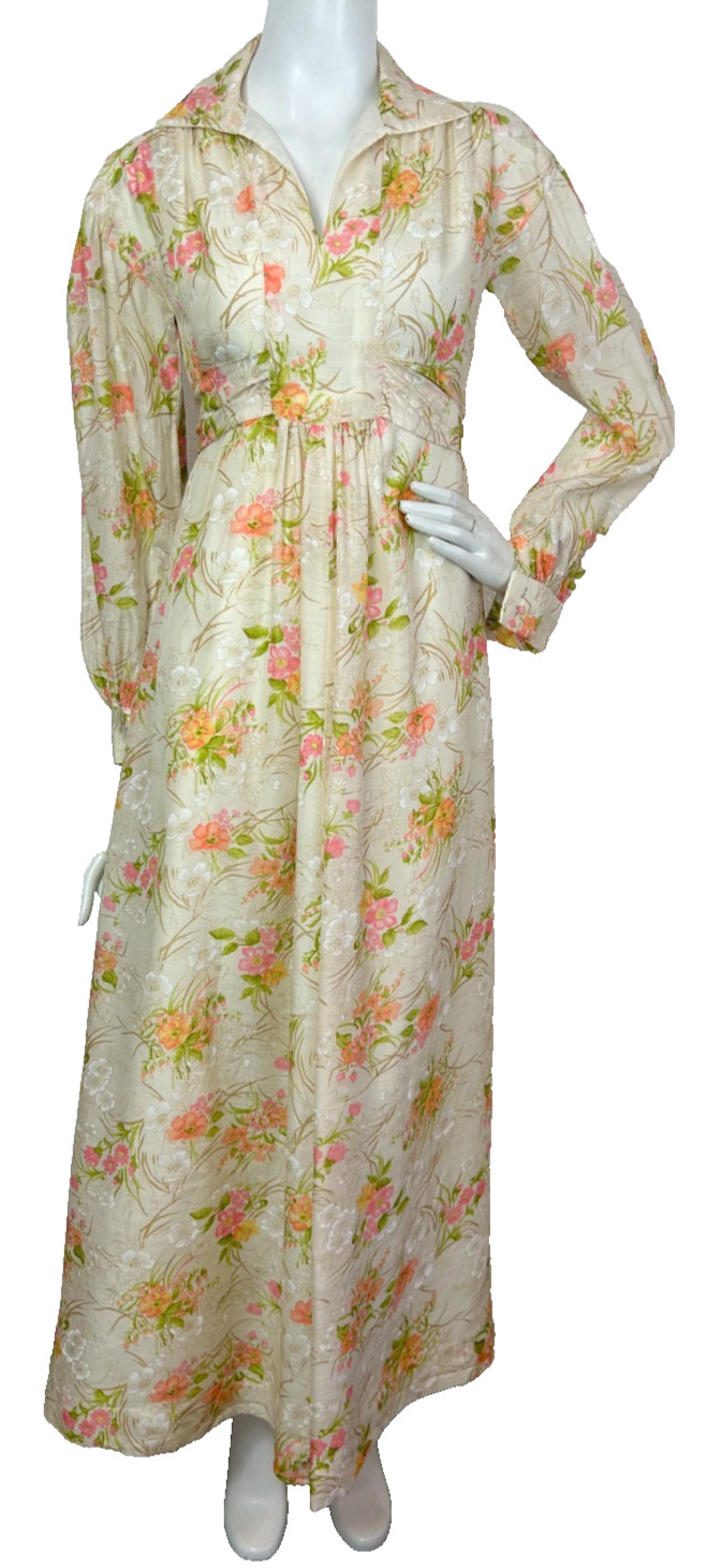 70s Floral Satin Hostess Dress Size Medium Maxi Collared V-Neck Long Sleeve EUC