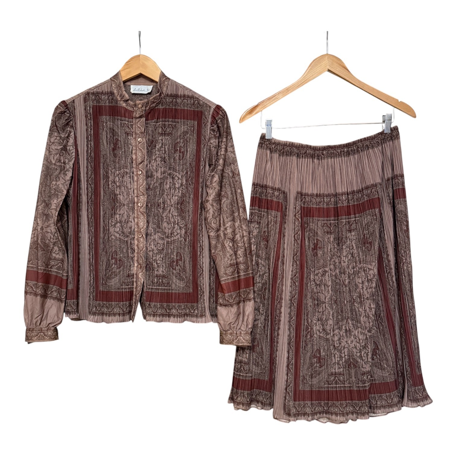 Liz Roberts 2 Piece Blouse and Skirt Set Pleated Paisley Geometric Vintage Set