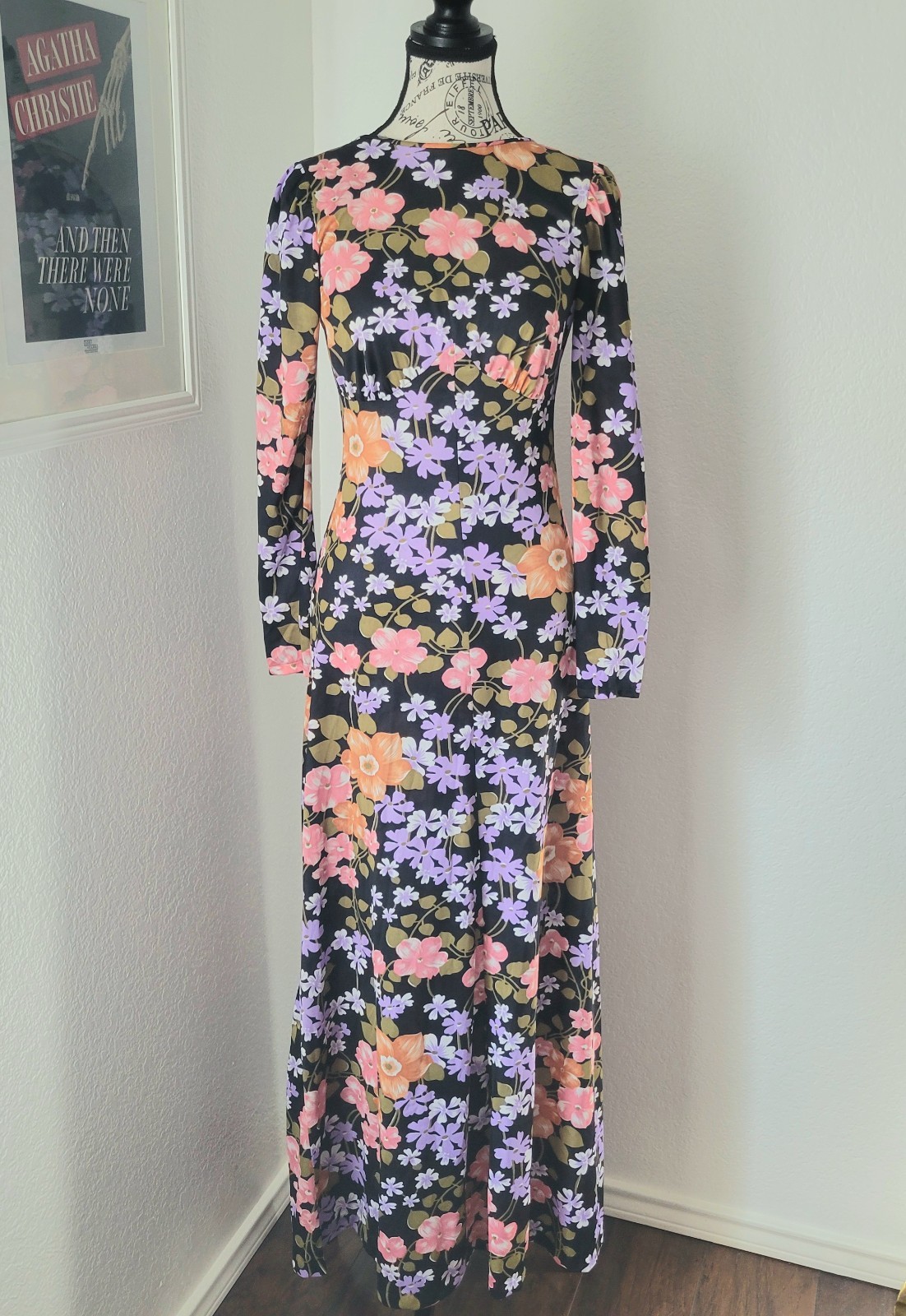Vintage 70s 100% Antron Nylon Black Floral Maxi Dress Plunge Back Slinky Small