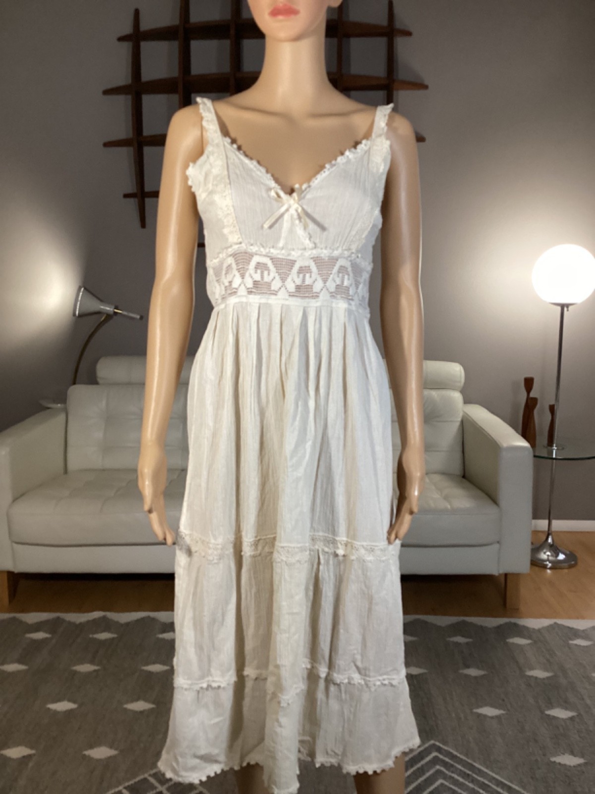 Vintage 70&rsquo;s Peasant Cotton Gauze Crochet Lace Hippie Boho Sleeveless Dress