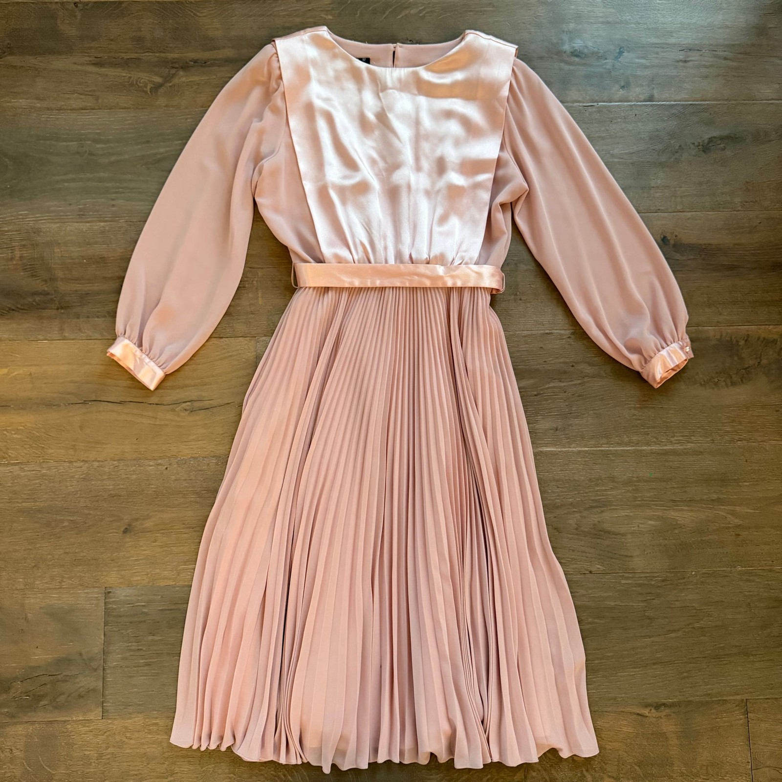 Vtg Ursula of Switzerland Pink Satin Chiffon Long Sleeve Dress, Pearls ~ Sz 12P