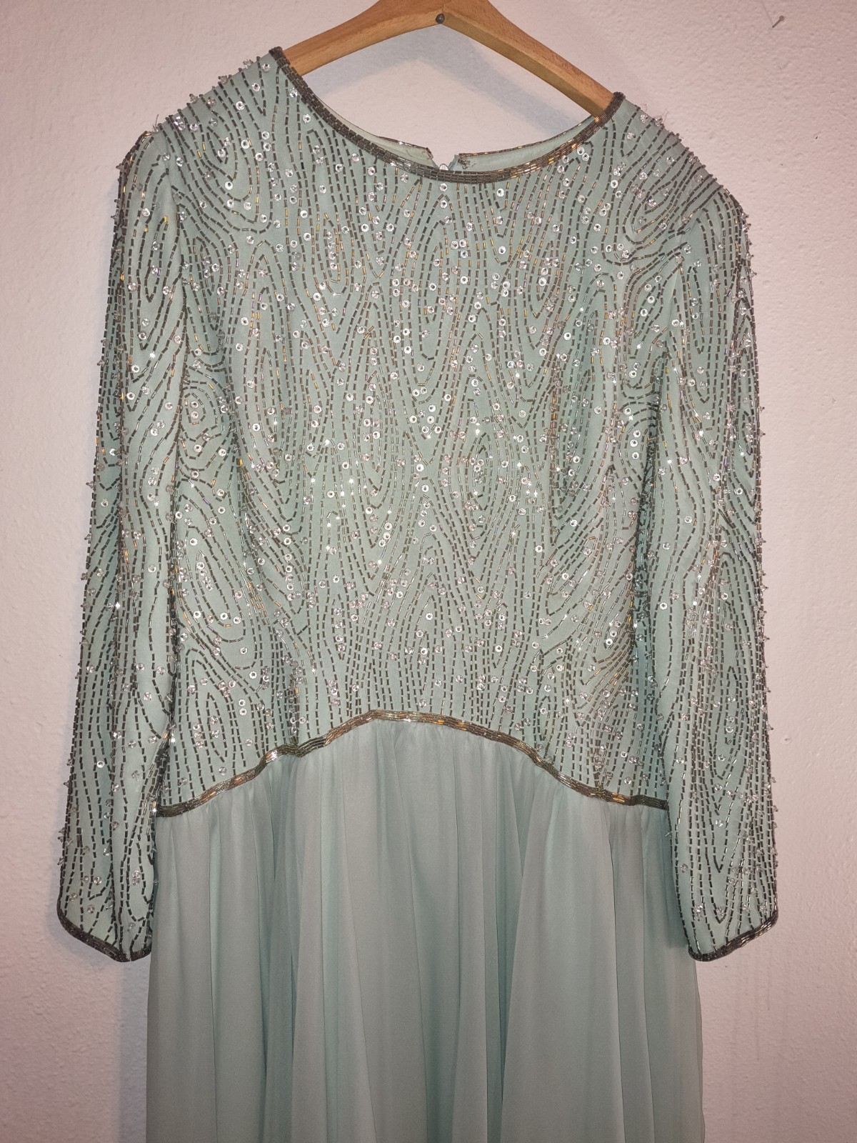 Vintage Jack Bryan Mint Green Beaded Sequin Chiffon Maxi Gown Size L/XL 14 16